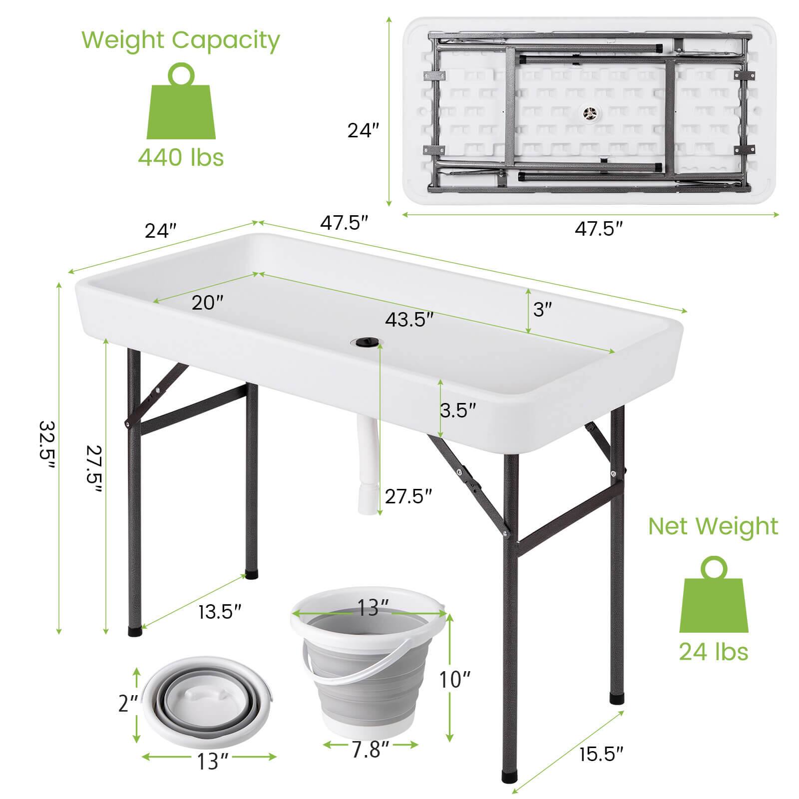 Weight Capacity: 440 lbs

Dimensions:
- Length: 47.5"
- Width: 24"
- Height: 32.5"
- Tabletop Depth: 20"
- Tabletop Width: 43.5"
- Leg Width: 27.5"
- Leg Height: 13.5"
- Leg Width: 27.5"
- Leg Height: 15.5"
- Leg Width: 10"
- Leg Height: 7.8"
- Leg Width: 2"
- Leg Height: 13"
- Leg Width: 13"
- Leg Height: 2"

Net Weight: 24 lbs