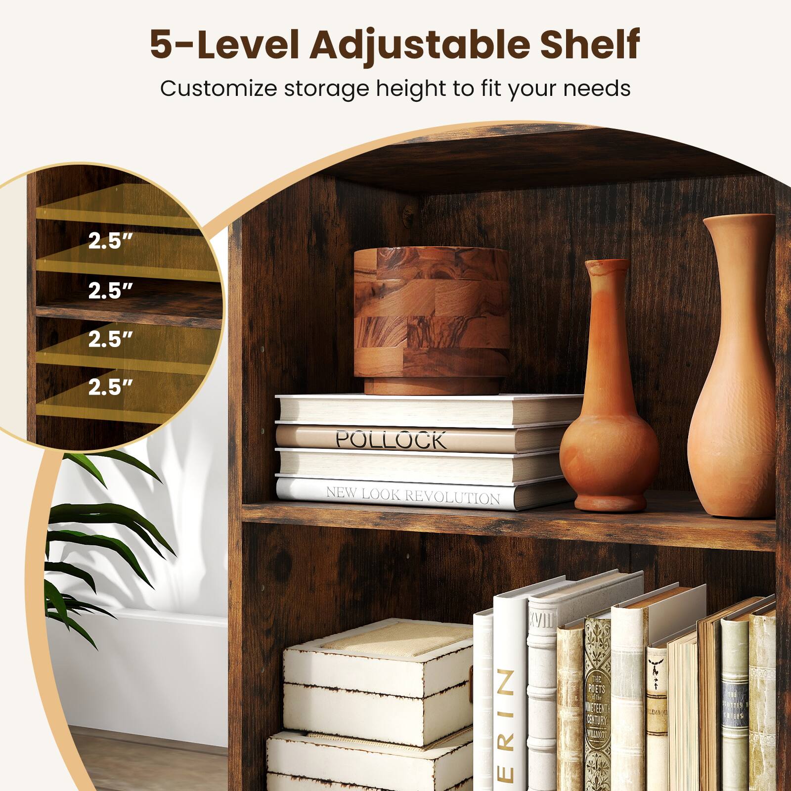 5-Level Adjustable Shelf Customize storage height to fit your needs

2.5"
2.5"
2.5"
2.5"

POLLOCK
NEW LOOK REVOLUTION
ERIN
POETS METEENT SENTUR
BY
TRIENS