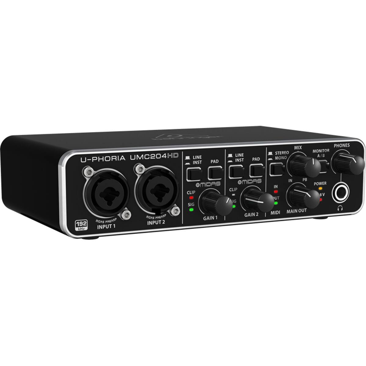 U-PHORIA UMC204HD

LINE
- PAD
- INST

LINE
- PAD
- INST

STEREO
- MONO

MIX
- MONITOR A/B

PHONES

CLIP

SIG

GAIN 1

GAIN 2

MIDI

MAIN OUT

POWER

192 kHz

INPUT 1
- RODAS PREAMP

INPUT 2
- RODAS PREAMP

OMDAS IN

OMDAS IN

PB

IN

OUT

CLIP

CLIP

POWER 5V