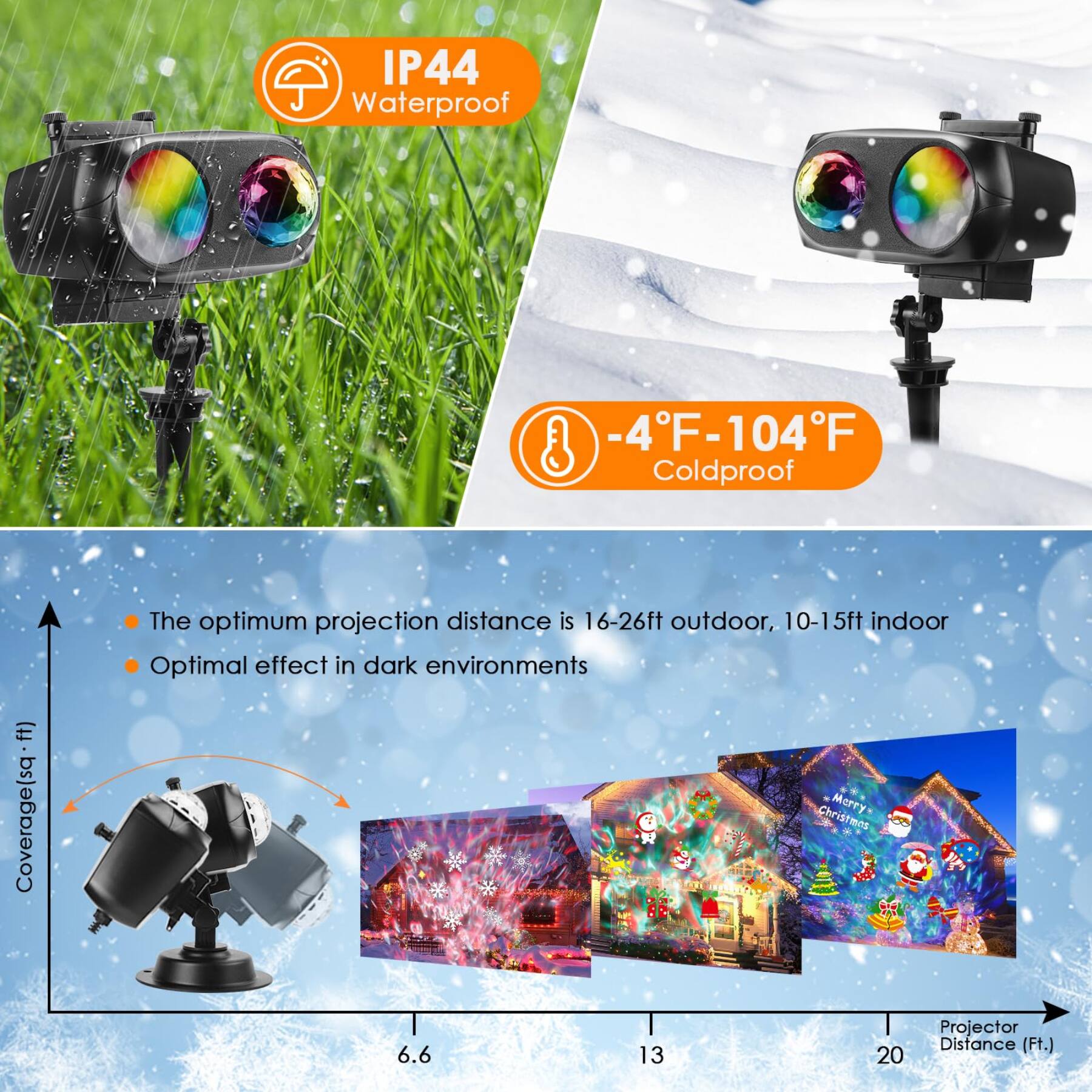 IP44 Waterproof  
-4°F-104°F Coldproof  
Coverage (sq.ft)  
The optimum projection distance is 16-26ft outdoor, 10-15ft indoor  
Optimal effect in dark environments  
Merry Projector  
Distance (Ft.) 6.6 13 20