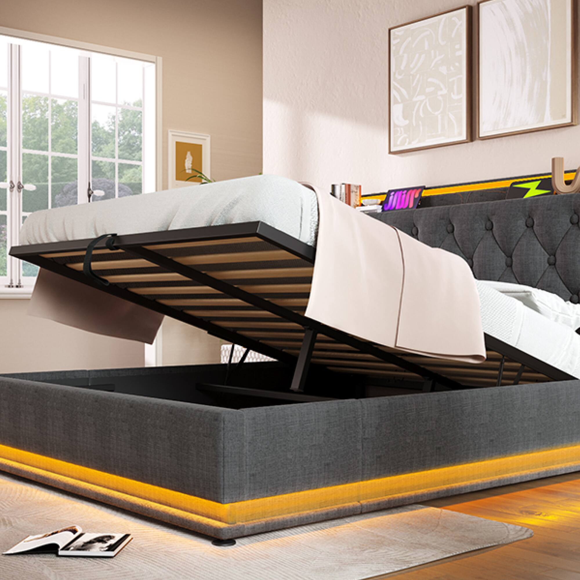 Back. GOODSILO - Full Size Upholstered Bed with LED Lighting, Hydraulic Storage, and USB Charging - Gray.