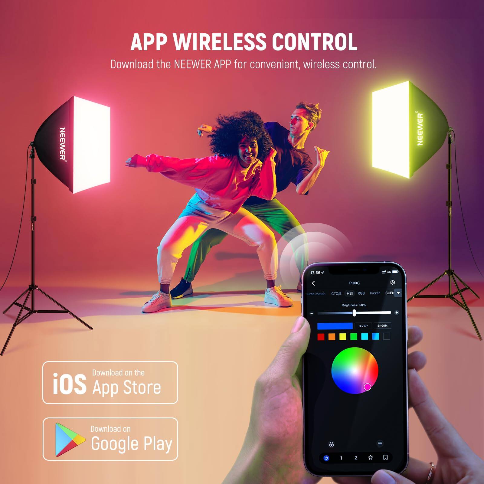 APP WIRELESS CONTROL  
Download the NEEWER APP for convenient, wireless control.  

NEEWER  

17:54 - NO0C uE Matun CTLA HU ad mesar SLEA iingo sare EA  

Download on the iOS App Store  
Download on Google Play