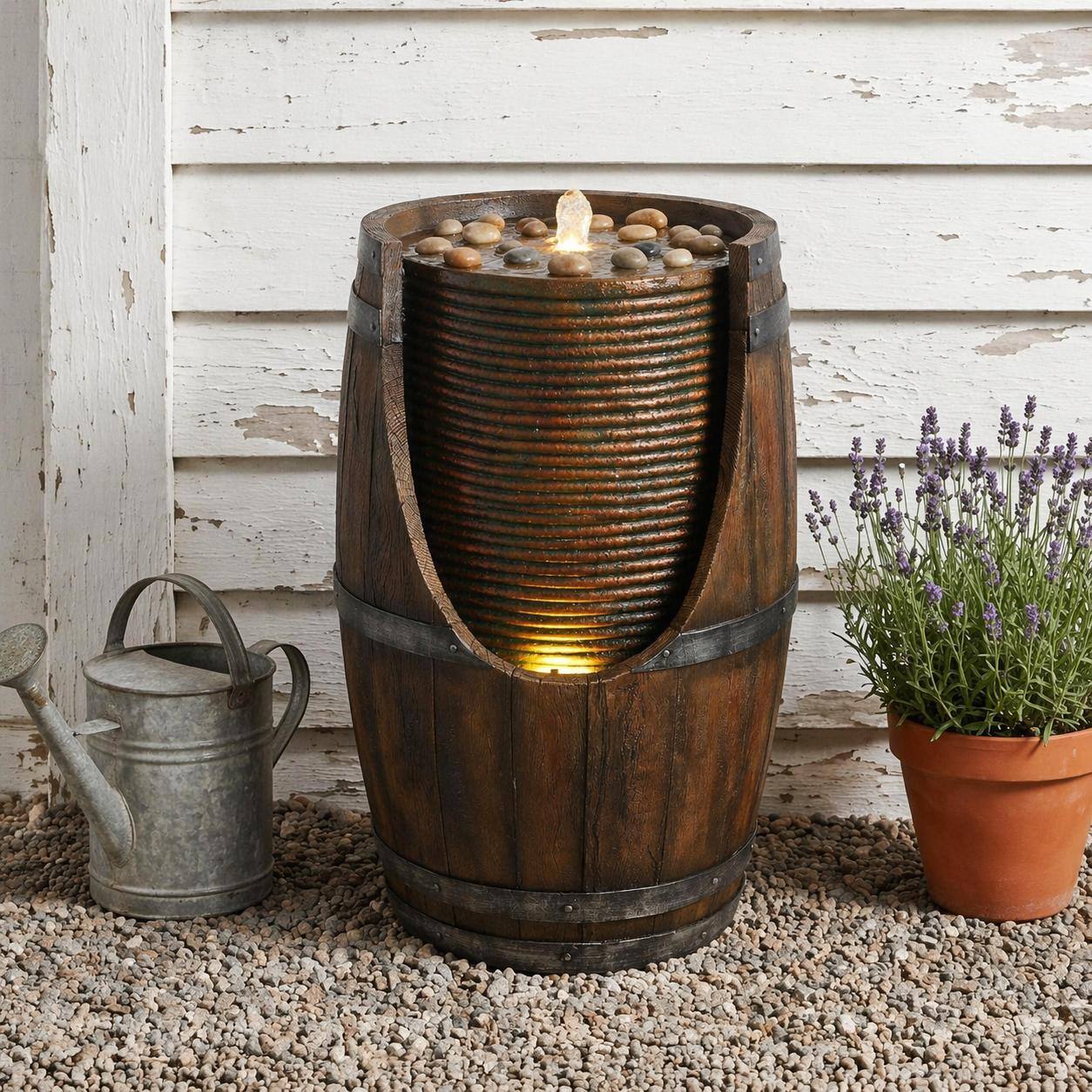 Angle. RYHNUYNE - Outdoor Barrel Water Fountain with LED Lights – Rustic Wood-Look Resin Waterfall Feature for Patio, Yard, Garden, Porch.