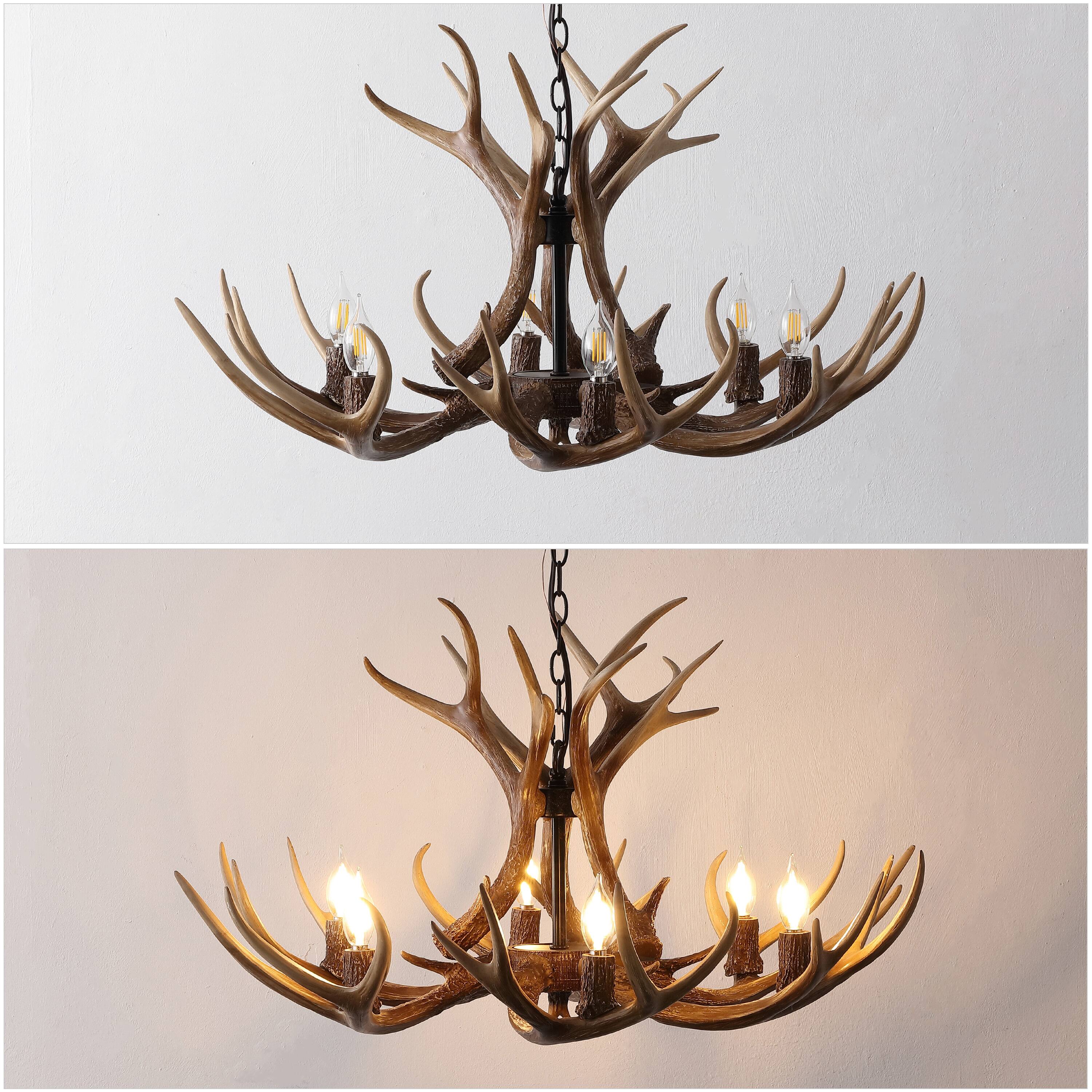 Alt View 3. Jonathan Y - Eldora 33" 6-Light Rustic Farmhouse Adjustable Resin Antler LED Chandelier, Brown - Brown.