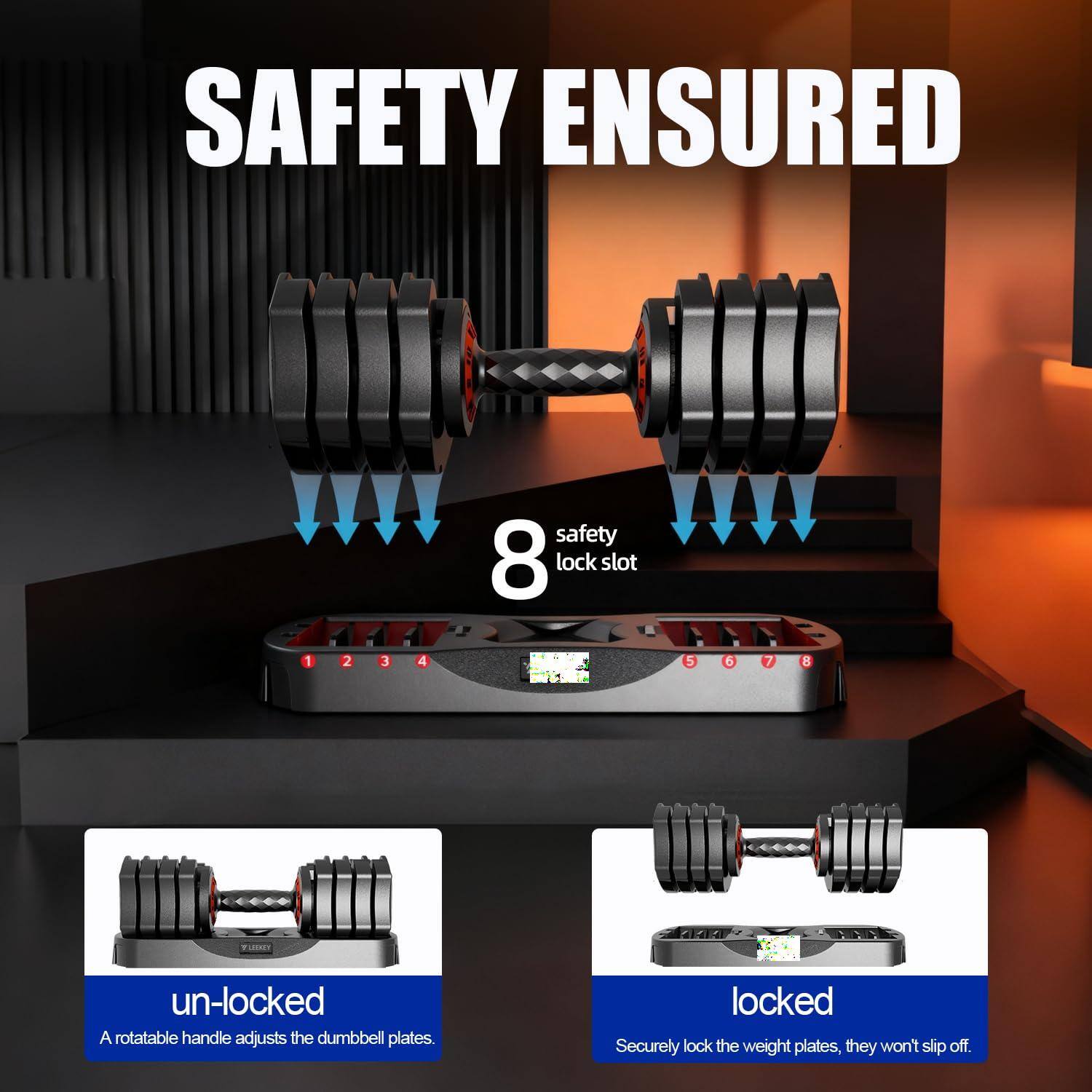 SAFETY ENSURED

8 safety lock slot

un-locked  
A rotatable handle adjusts the dumbbell plates.

locked  
Securely lock the weight plates, they won't slip off.