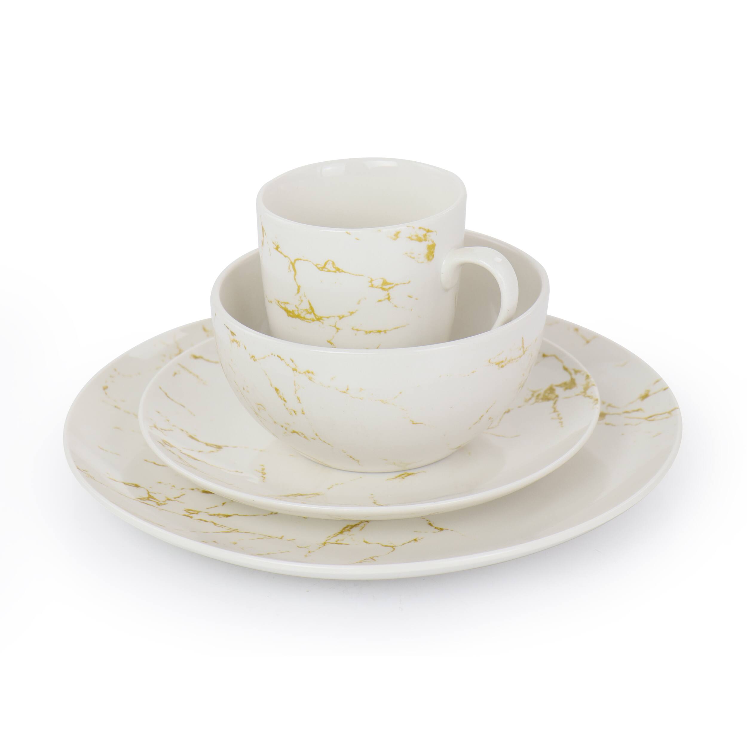 Alt View 1. Elama - Elama Fine Marble 16 Piece Stoneware Dinnerware Set in Gold and White - Gold and White.