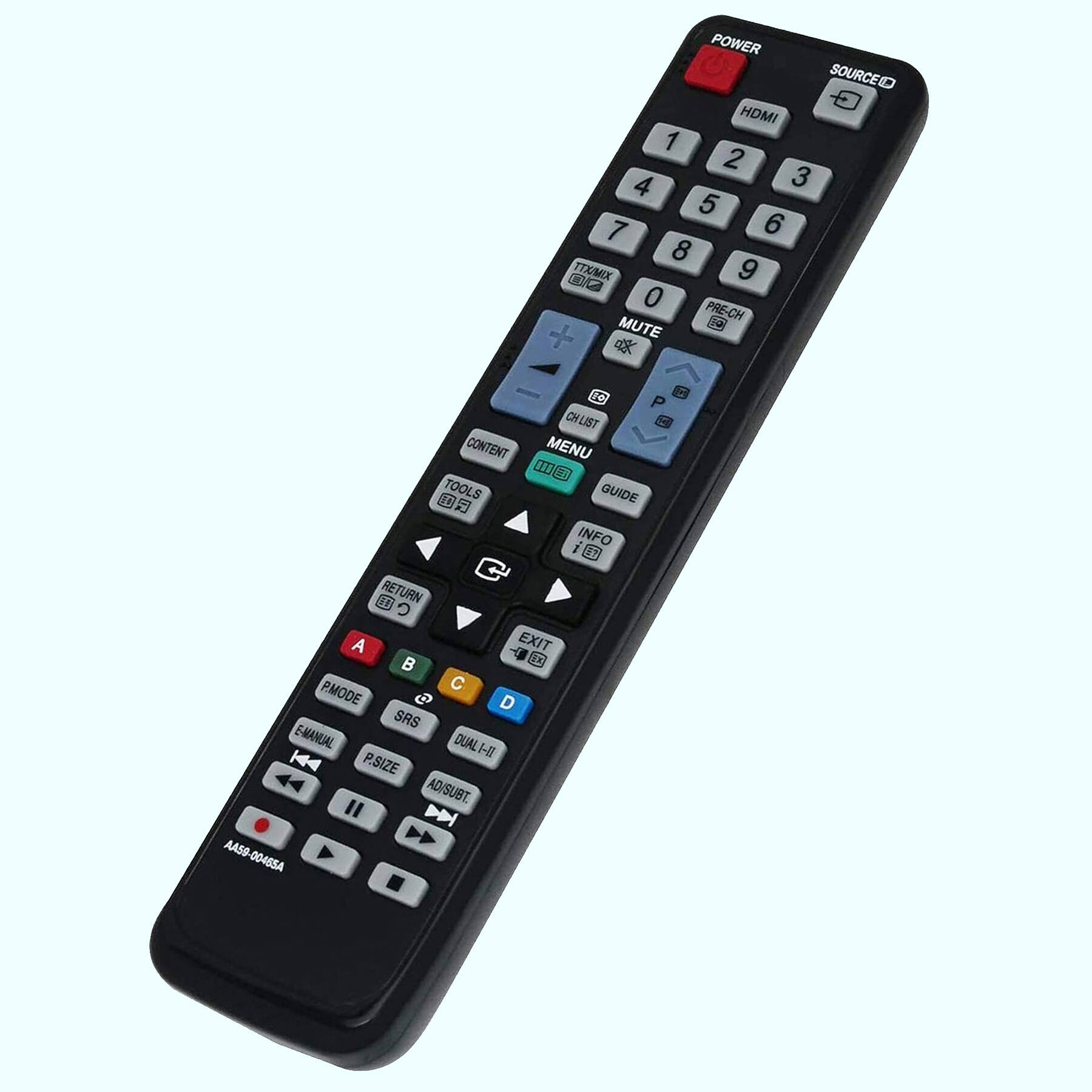 POWER SOURCE HDMI 1 2 3 4 5 6 7 8 9 0 PRE-CH MUTE CHLAST CONTENT MENU TOOLS GUIDE INFO RETURN EXIT P.MODE A B C D E-MANUAL SRS DUAL-HI P.SIZE AD/SUBT AAS9 00455A