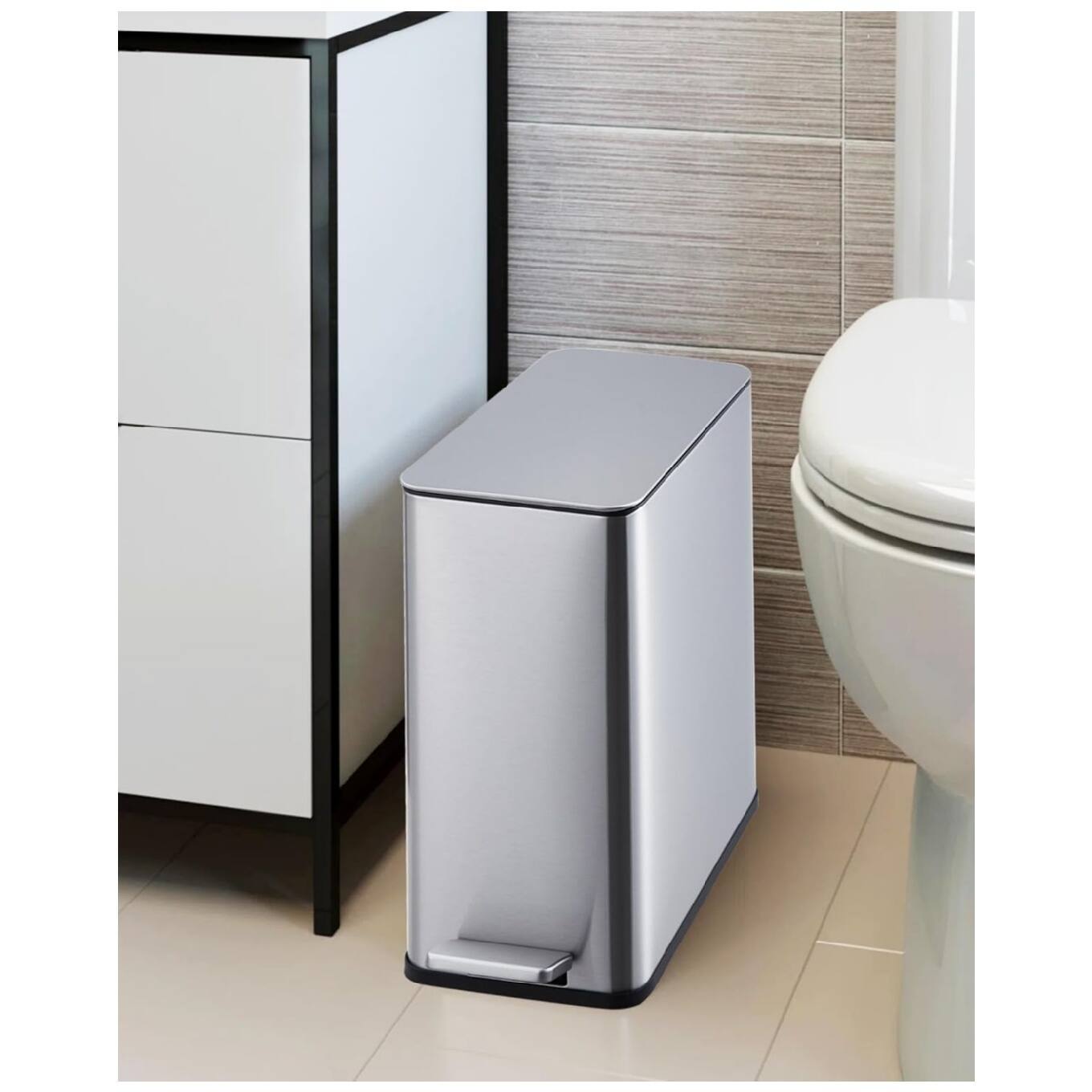Alt View 2. Qeetex - 10 L / 2.6 gal Small Bathroom Step Trash Can with Lid Soft Close, Step Pedal, with Removable Inner Bucket - Silver.