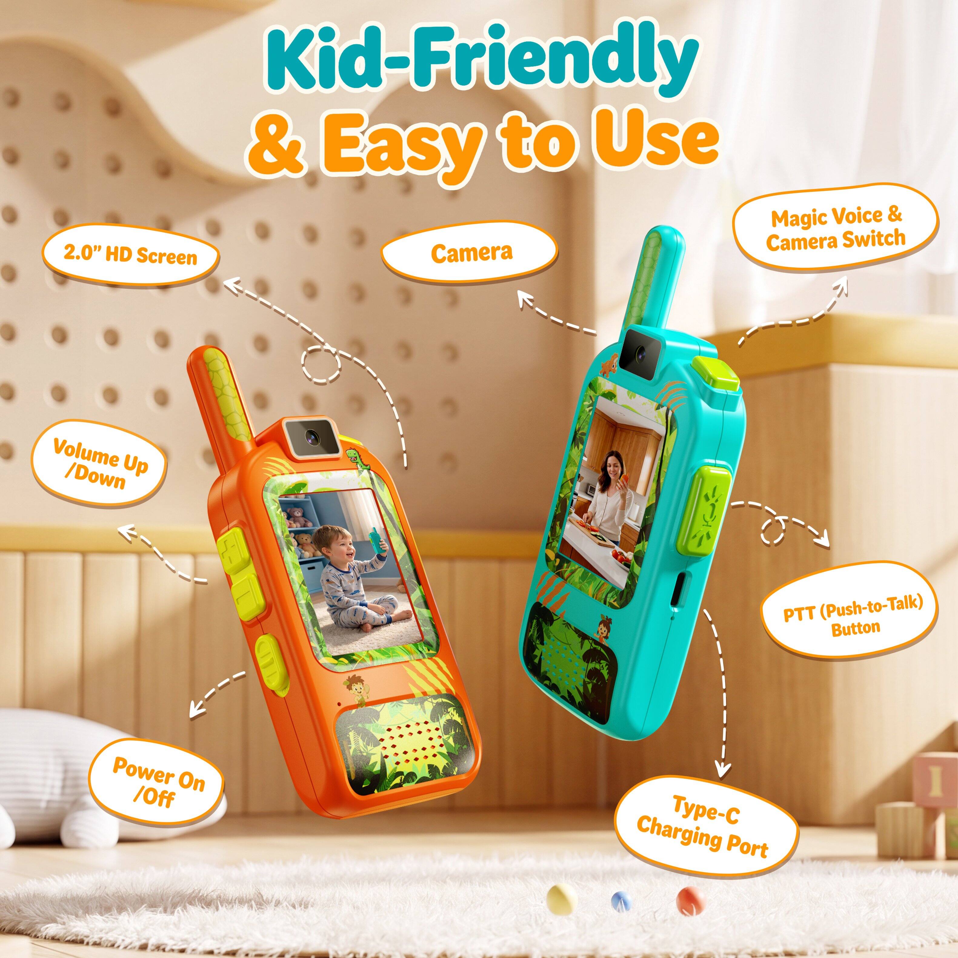 Kid-Friendly & Easy to Use Magic Voice & Camera Switch 2.0" HD Screen Camera Volume Up /Down PTT (Push-to-Talk) Button Power On /Off Type-C Charging Port