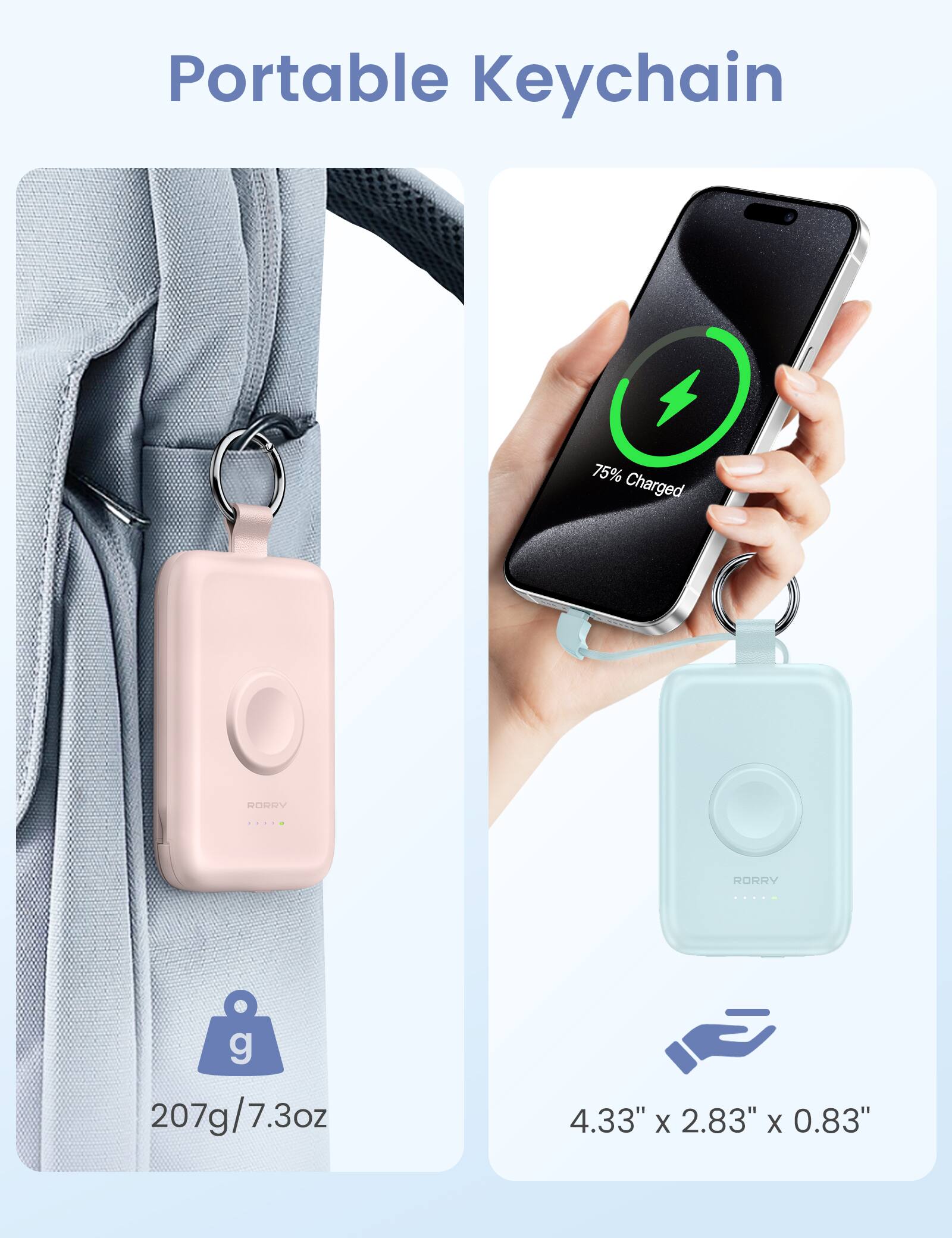 Portable Keychain  
75% Charged  
BORRY  
207g/7.3oz  
4.33" x 2.83" x 0.83"