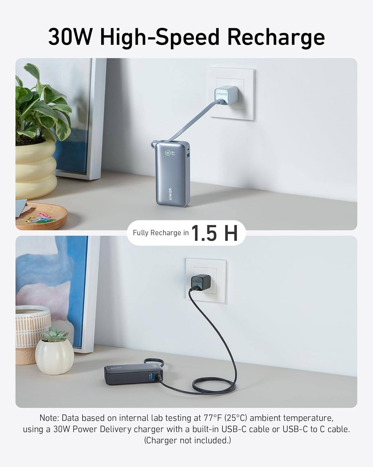 30W High-Speed Recharge

Fully Recharge in 1.5 H

Note: Data based on internal lab testing at 77°F (25°C) ambient temperature, using a 30W Power Delivery charger with a built-in USB-C cable or USB-C to C cable. (Charger not included.)