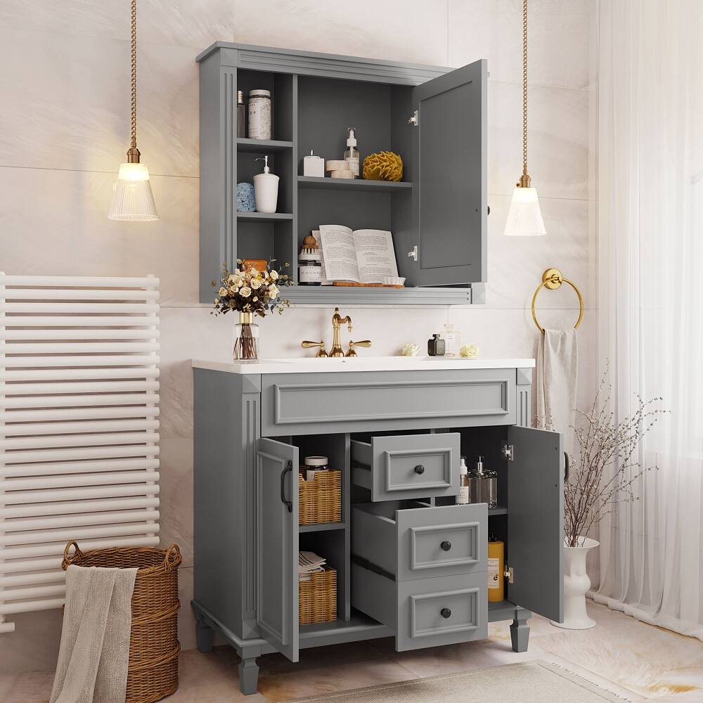 Back. Loheer - Loheer 36 inch bathroom vanity with sink Grey Modern Solid Wood - Grey.