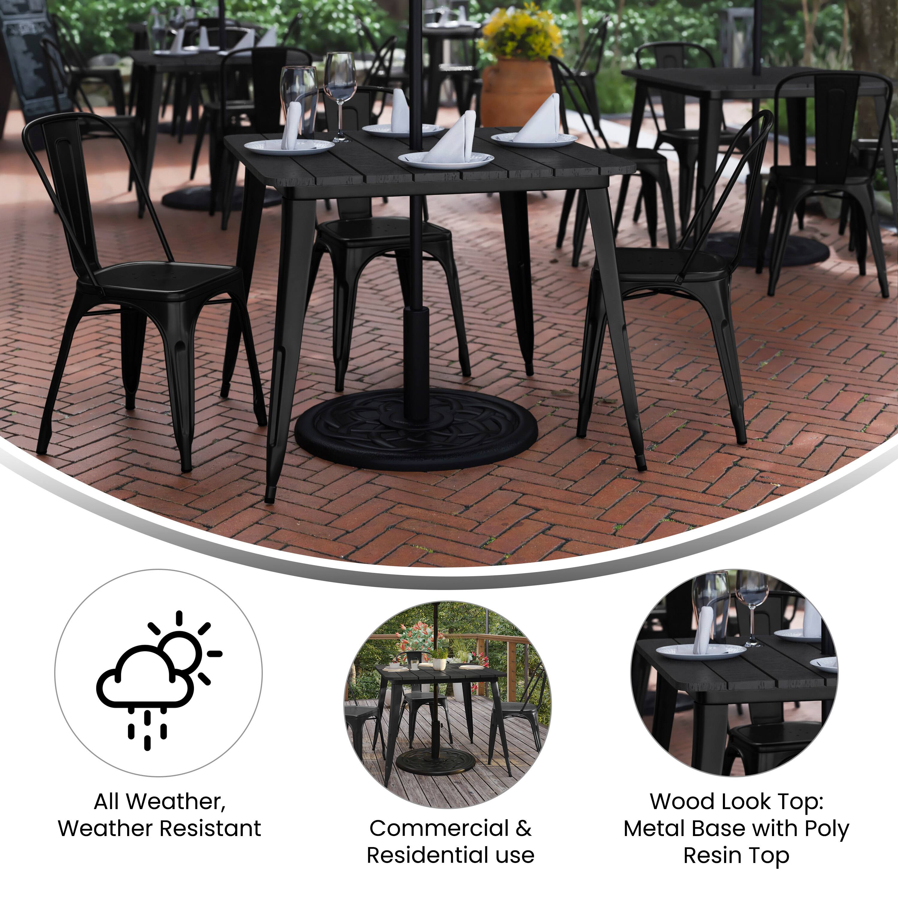 All Weather, Weather Resistant  
Commercial & Residential use  
Wood Look Top: Metal Base with Poly Resin Top