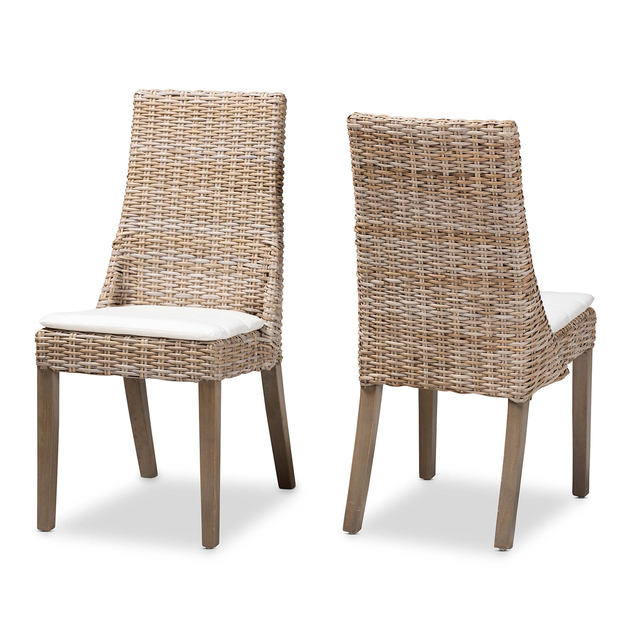 Front. bali & pari - Toby Modern Bohemian Rattan 2-Piece Dining Chair Set - White/Greywashed/Brown.