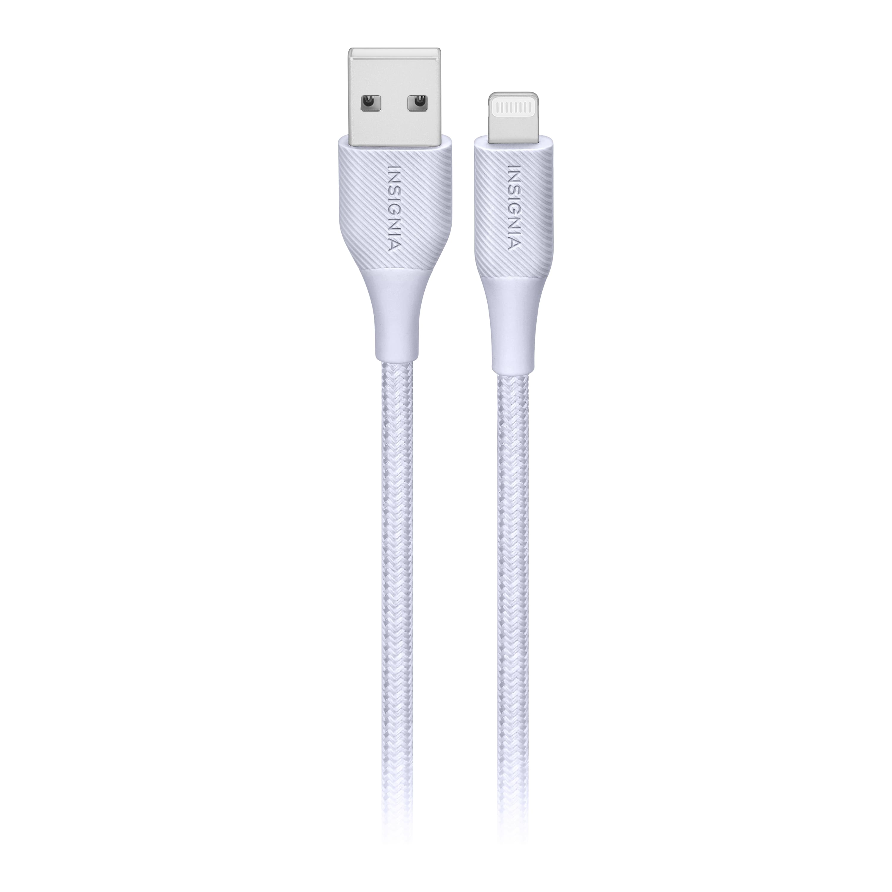 The image features two white cords, one of which is an INSIGNIA USB cable. The cords are connected to a device, and they are placed next to each other. The cords are likely used for charging or data transfer purposes.