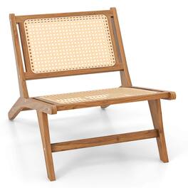 Costway - 1 PCS Mid Century Modern Teak Wooden Chair with Handwoven Rattan Seat & Backrest - Natural