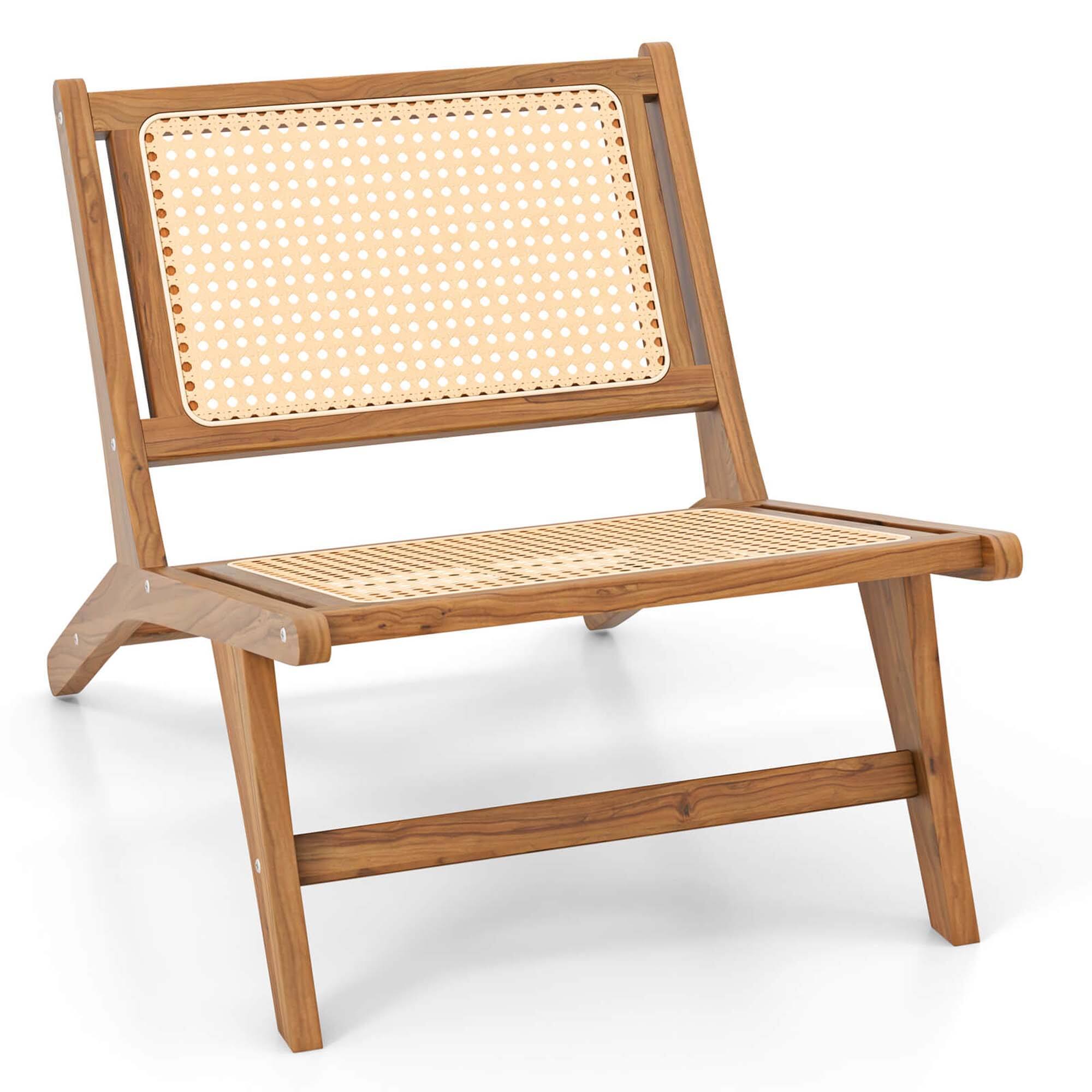 Front. Costway - Costway 1 PCS Mid Century Modern Teak Wooden Chair with Handwoven Rattan Seat & Backrest - Natural.