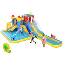 Qaba - Inflatable Water Slide Park, 550W Blower, Splash Pools, 2 Slides, Trampoline, Climbing Wall, Cannon, Backyard, Party