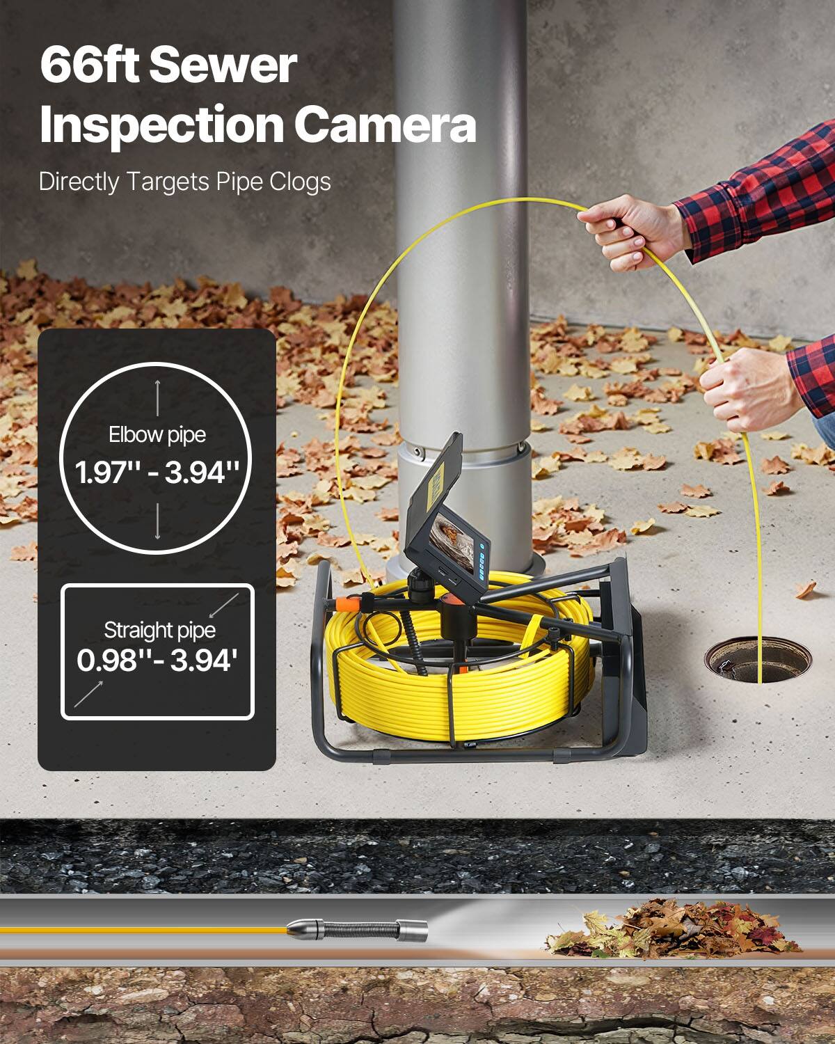 66ft Sewer Inspection Camera  
Directly Targets Pipe Clogs  

Elbow pipe: 1.97" - 3.94"  
Straight pipe: 0.98" - 3.94"