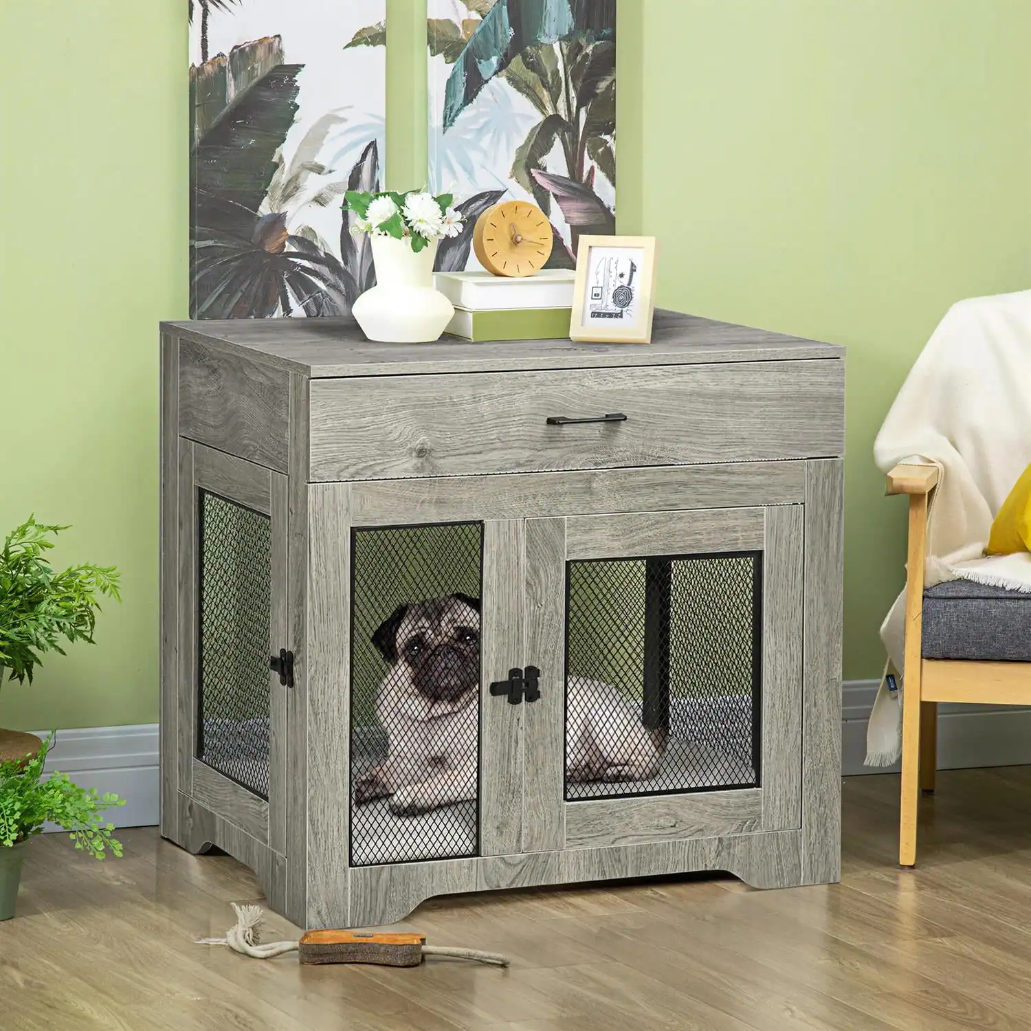 Alt View 6. Pefilos - 37" Dog Crate Furniture with Soft Water-Resistant Cushion, Drawer, Wooden Kennel Table.
