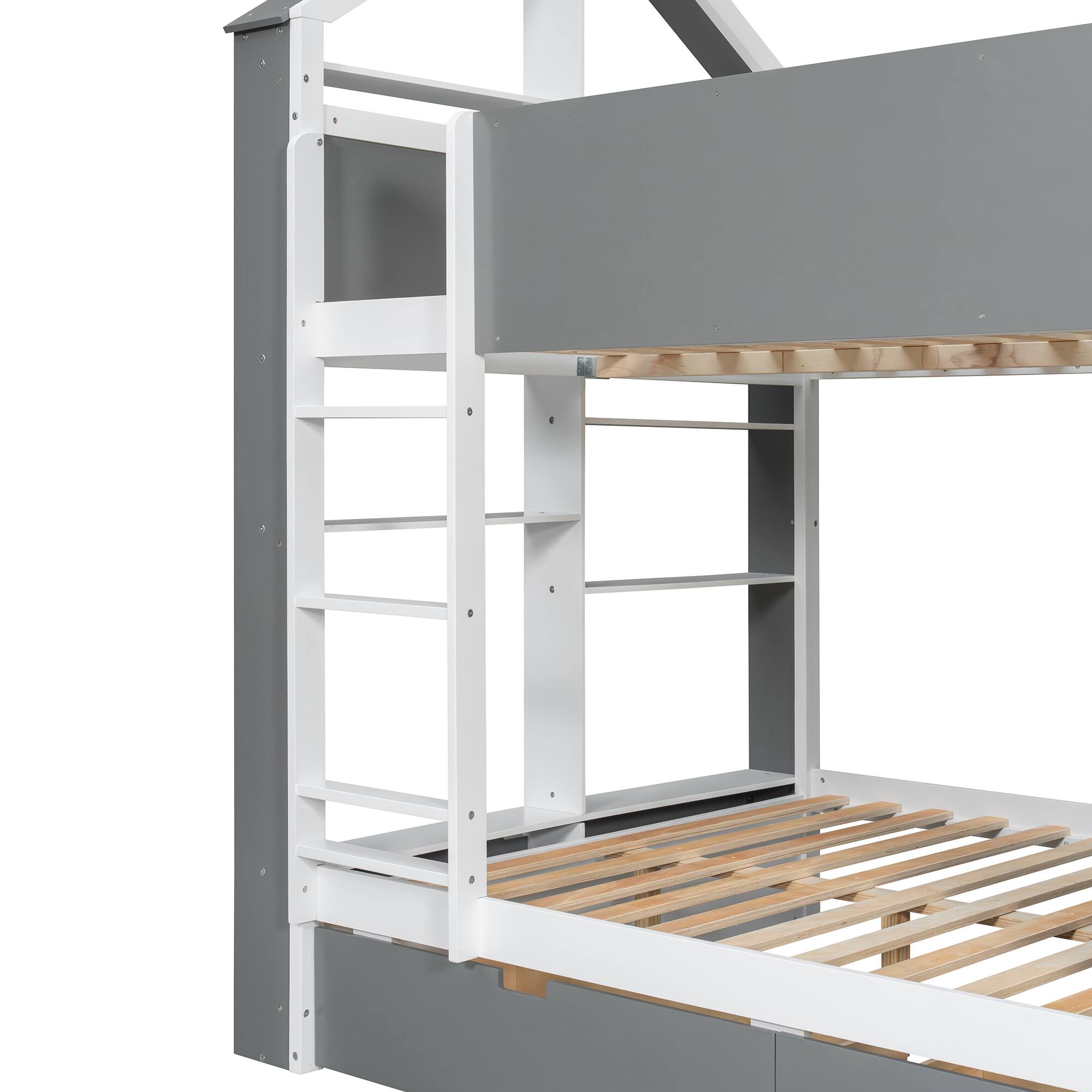 Alt View 1. Anysun - Full Size Bunk Bed with Storage Drawers & Shelves, Two-Tone Wood, Light Strip, Space-Saving Bedroom Furniture - Grey.