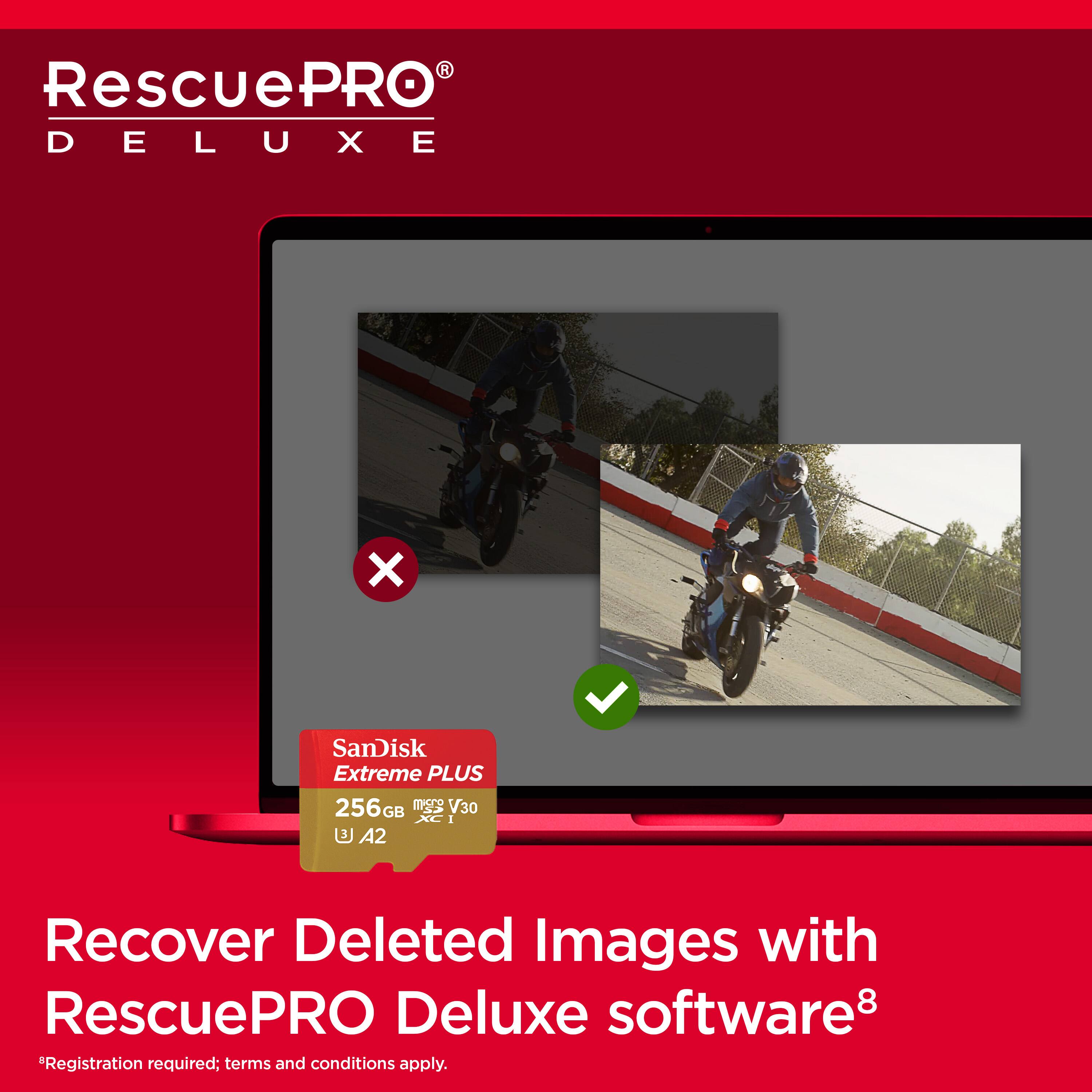 RescuePRO Deluxe is a software that allows users to recover deleted images with the help of a SanDisk Extreme PLUS 256GB memory card. The software is designed to work with a variety of memory cards, including the M-S2 V30 GB I U A2 memory card. The RescuePRO Deluxe software is available for use with a registration and adherence to the terms and conditions.