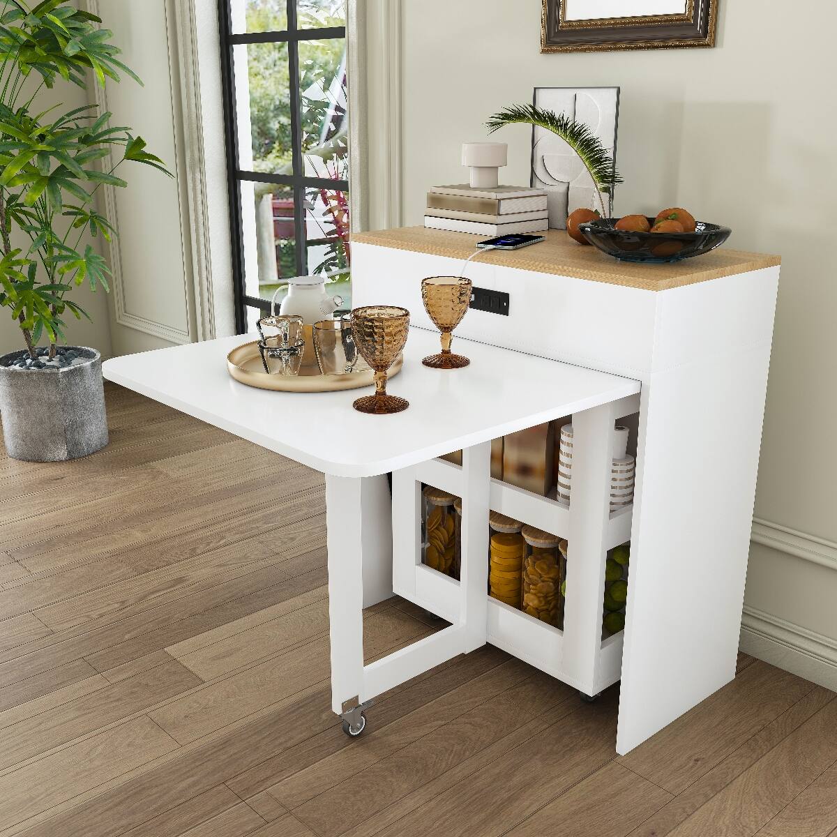 Left. Loheer - Loheer 74 inch Expandable Dining Table, Folding Kitchen Island Table with Power Socket and Storage Cabinet - Natural Walnut and White.
