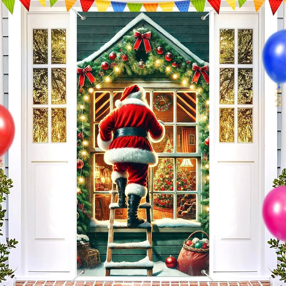 Left. MOSZAR LLC - Santa Climbing Ladder Door Banner, 35x71" Polyester Holiday Door Decor - red.