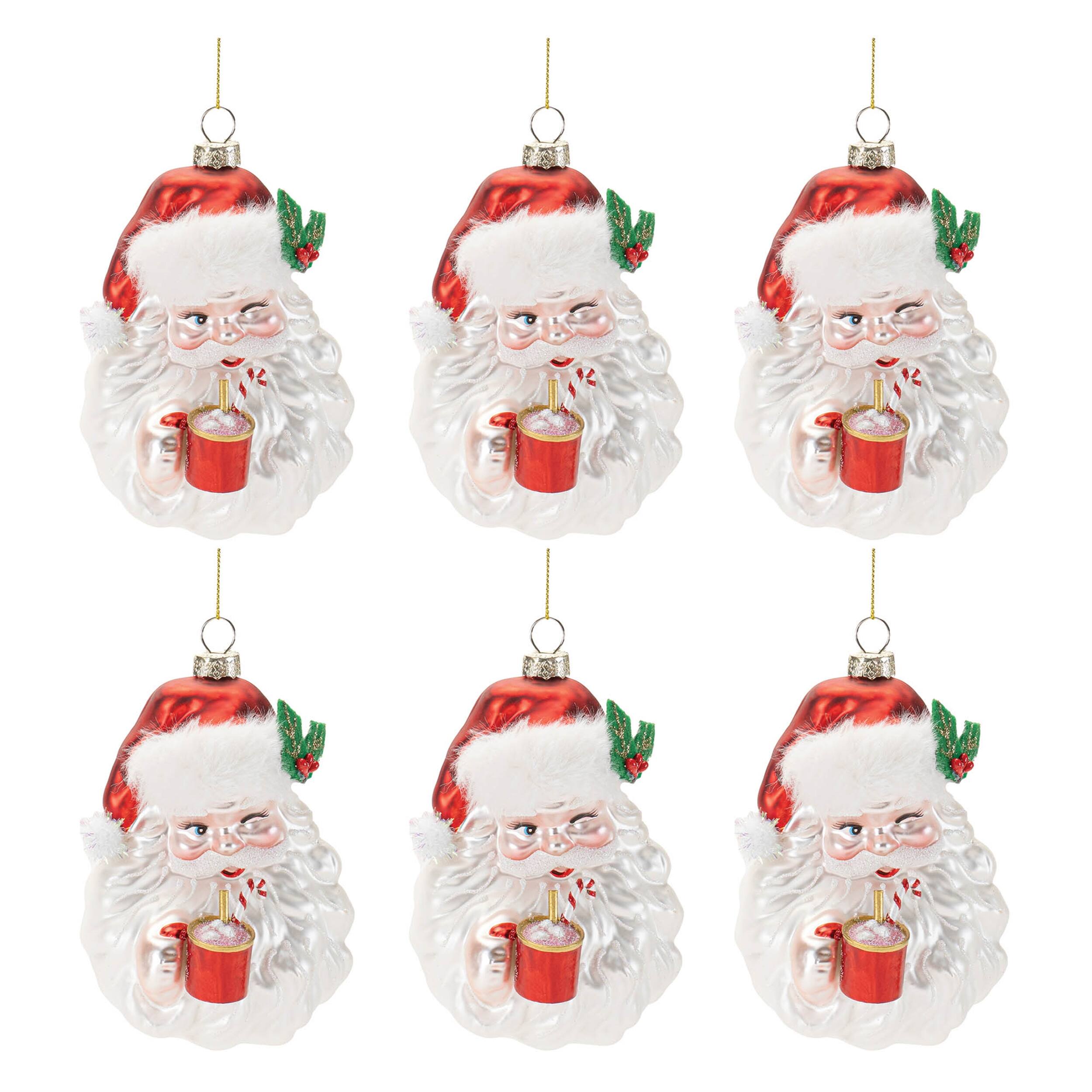 Alt View 1. BreeBe - Glass Santa with Hot Cocoa Ornament (Set of 6) - White, Red.
