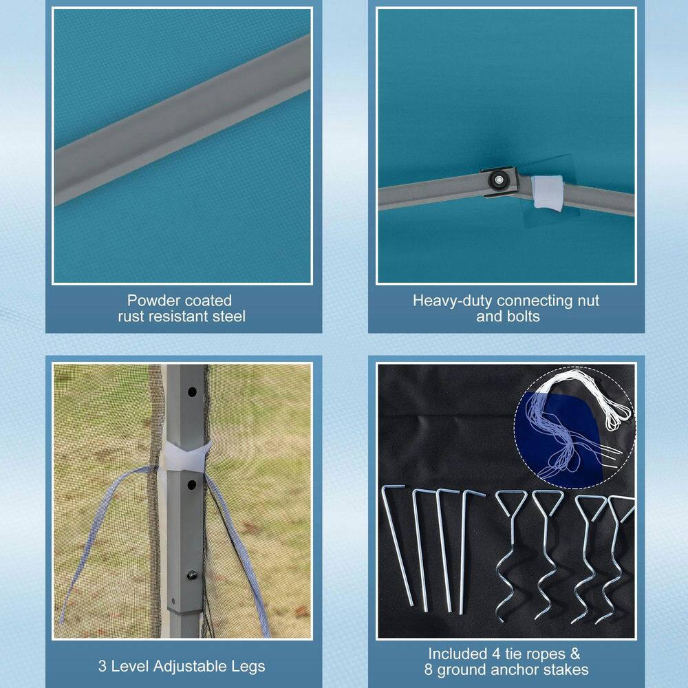 - Powder coated rust resistant steel
- Heavy-duty connecting nut and bolts
- 3 Level Adjustable Legs
- Included 4 tie ropes & 8 ground anchor stakes