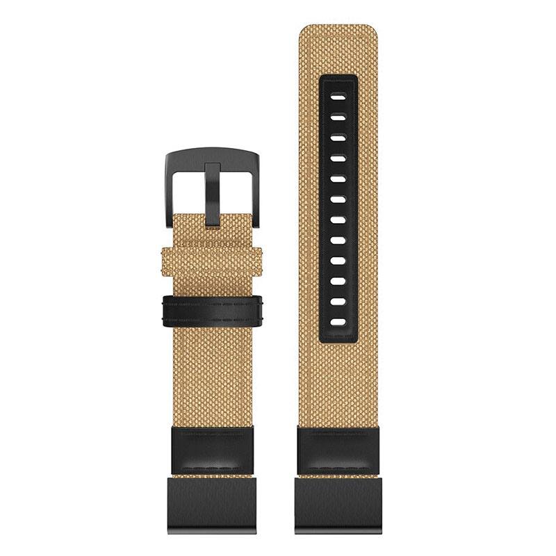 Left. StrapsCo - Rugged Canvas Band QuickFit 26 Watch Strap For Garmin Instinct 3 – 50mm (Extra Extra Long) - Tan.