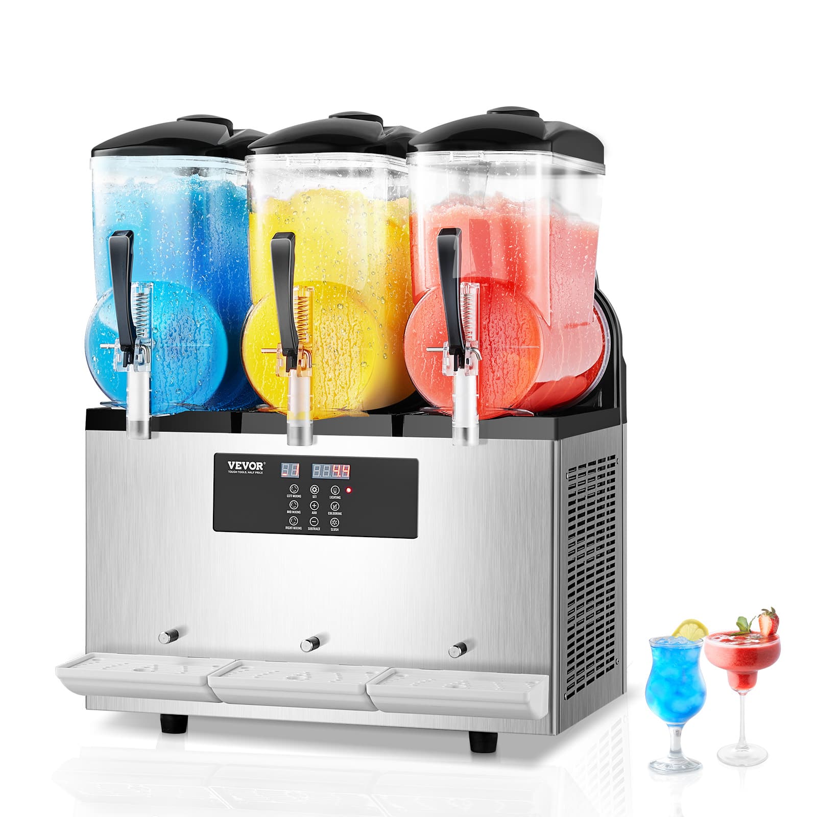 VEVOR - Commercial Slushy Machine, 12Lx3 Triple Tank Frozen Drink Machine, 144 Cups Stainless Steel Margarita Smoothie Frozen - Silver;Black