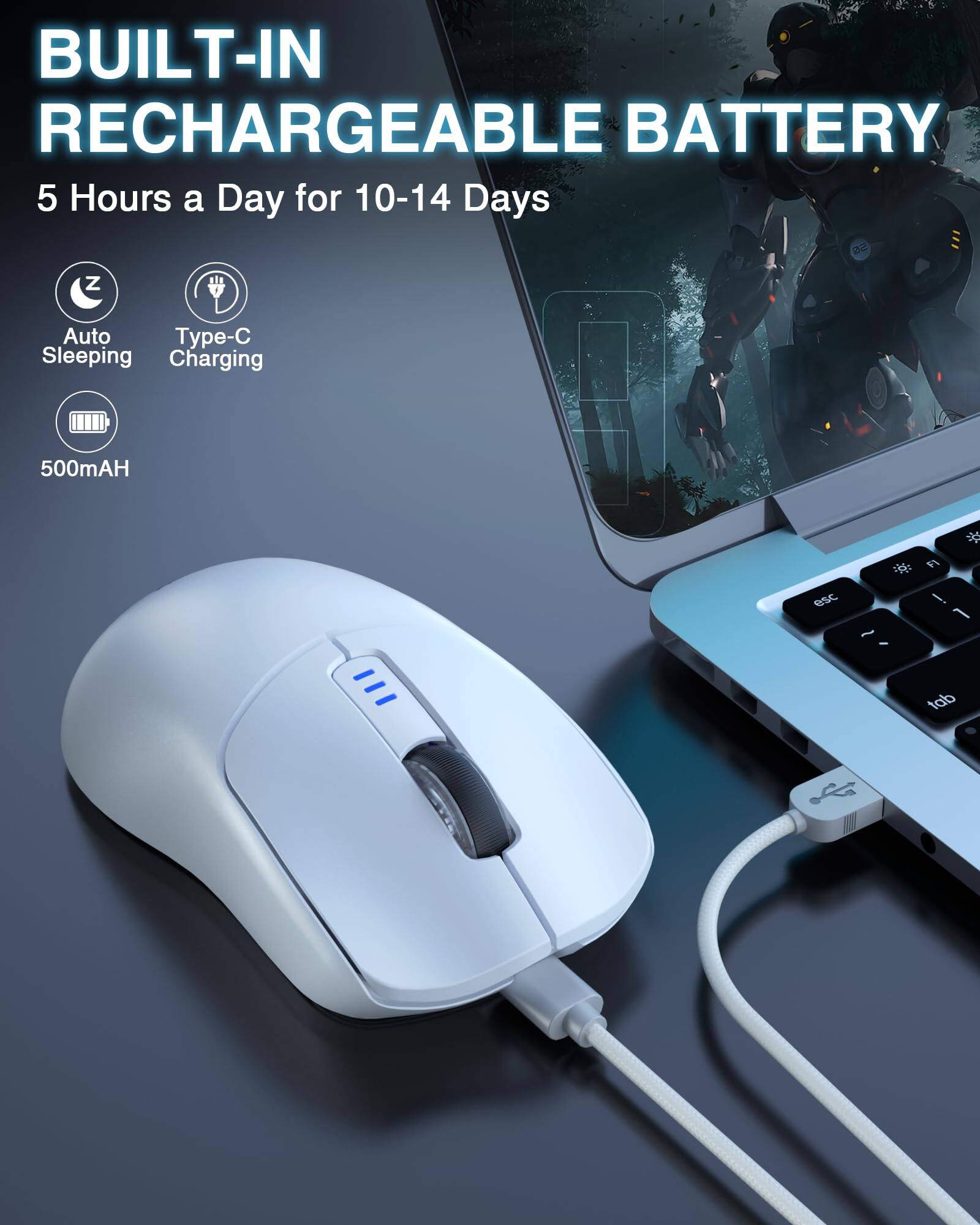 BUILT-IN RECHARGEABLE BATTERY  
5 Hours a Day for 10-14 Days  

Auto Sleeping  
Type-C Charging  
500mAH