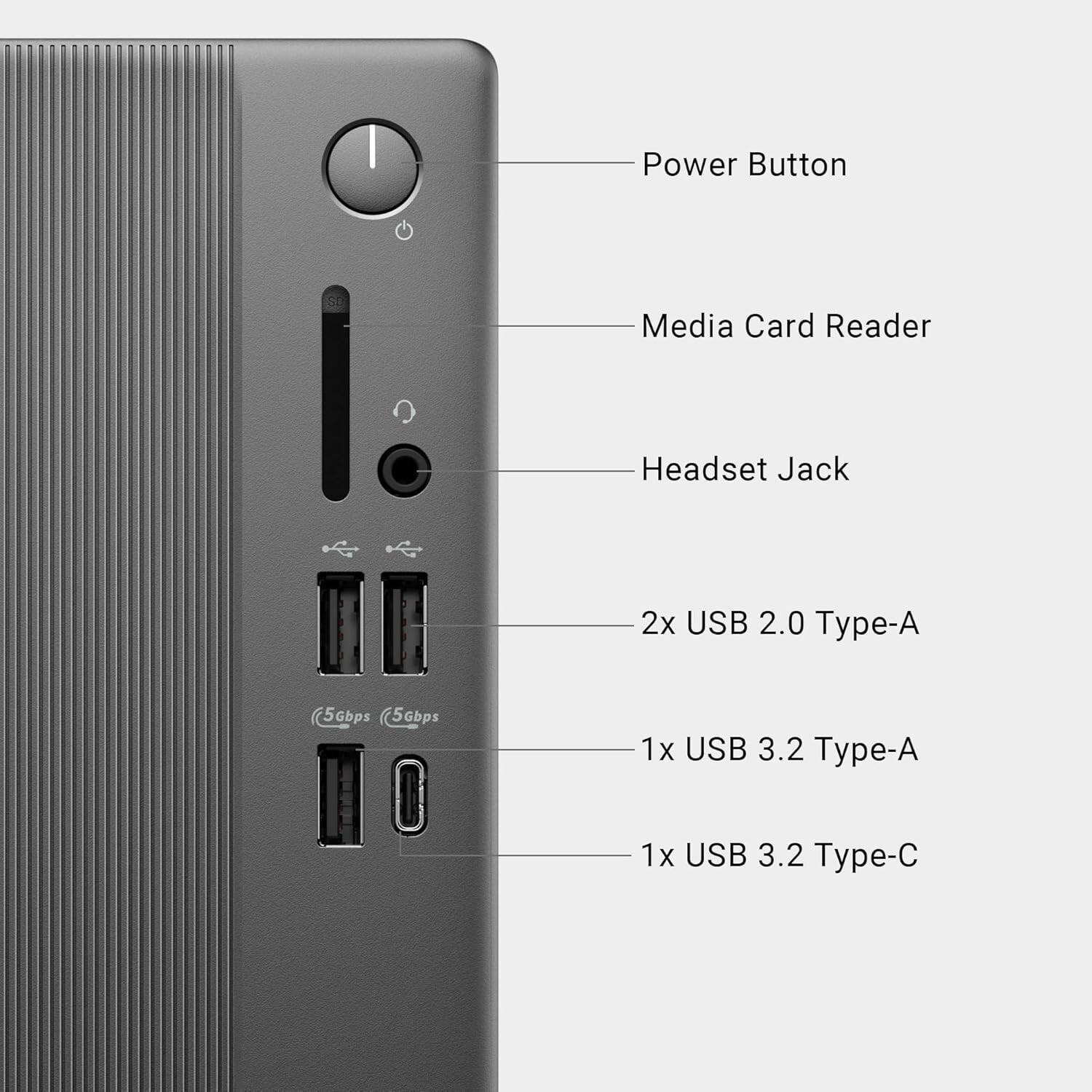 Power Button  
Media Card Reader  
Headset Jack  
2x USB 2.0 Type-A  
1x USB 3.2 Type-A  
1x USB 3.2 Type-C