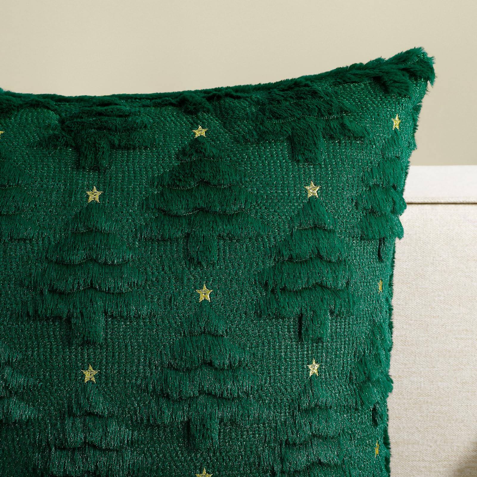 Back. Stylel Star - Softalker Christmas Throw Pillow Covers 18 x 18 Inch Set of 2, Xmas Winter Christmas Tree Faux Fur Cushion Covers, 3D - Green Tree.