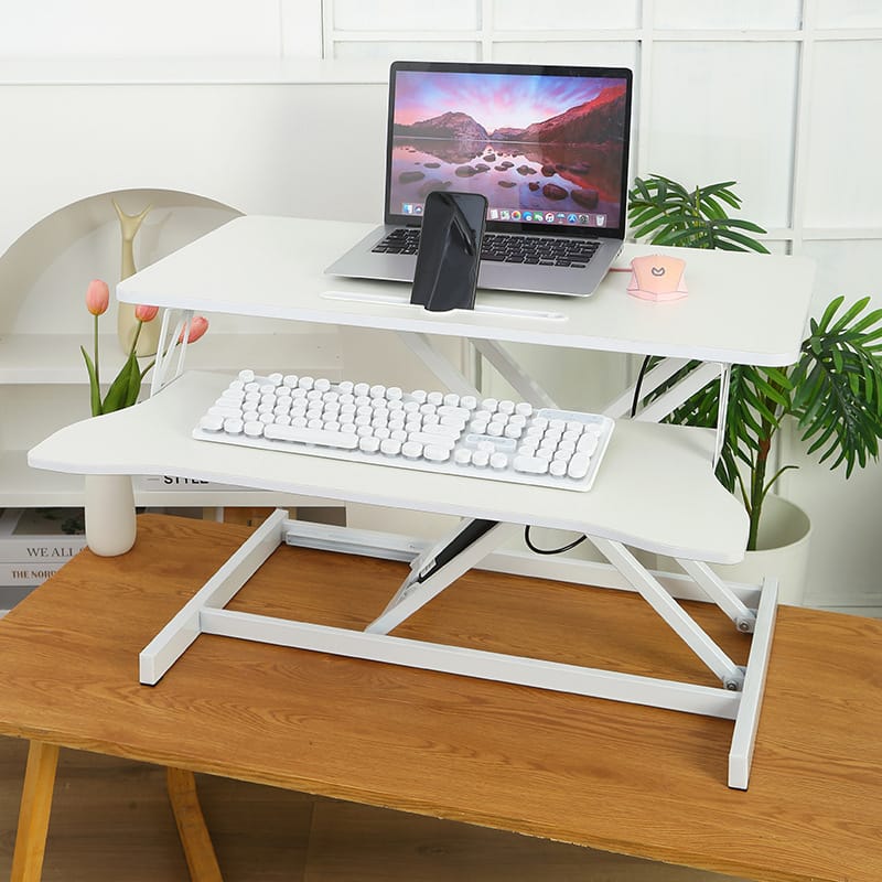 PexFix - 32 in. Adjustable Sit-to-Stand Desk Converter, Dual Monitor & Laptop Workstation with Wide Keyboard Tray - White