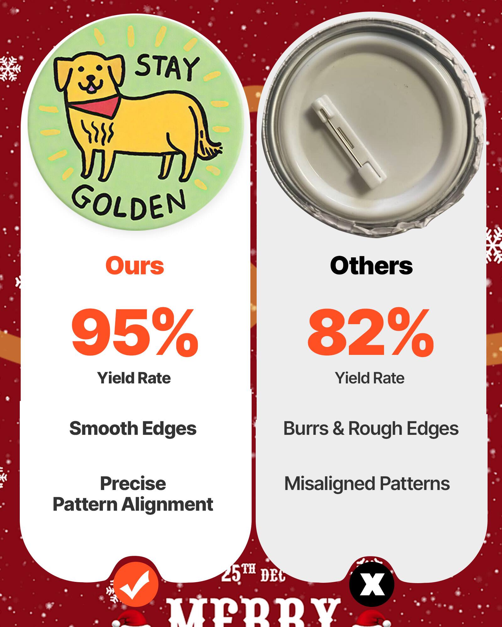 STAY GOLDEN

Ours  
95% Yield Rate  
Smooth Edges  
Precise Pattern Alignment

Others  
82% Yield Rate  
Burrs & Rough Edges  
Misaligned Patterns

25TH DEC  
MERRY