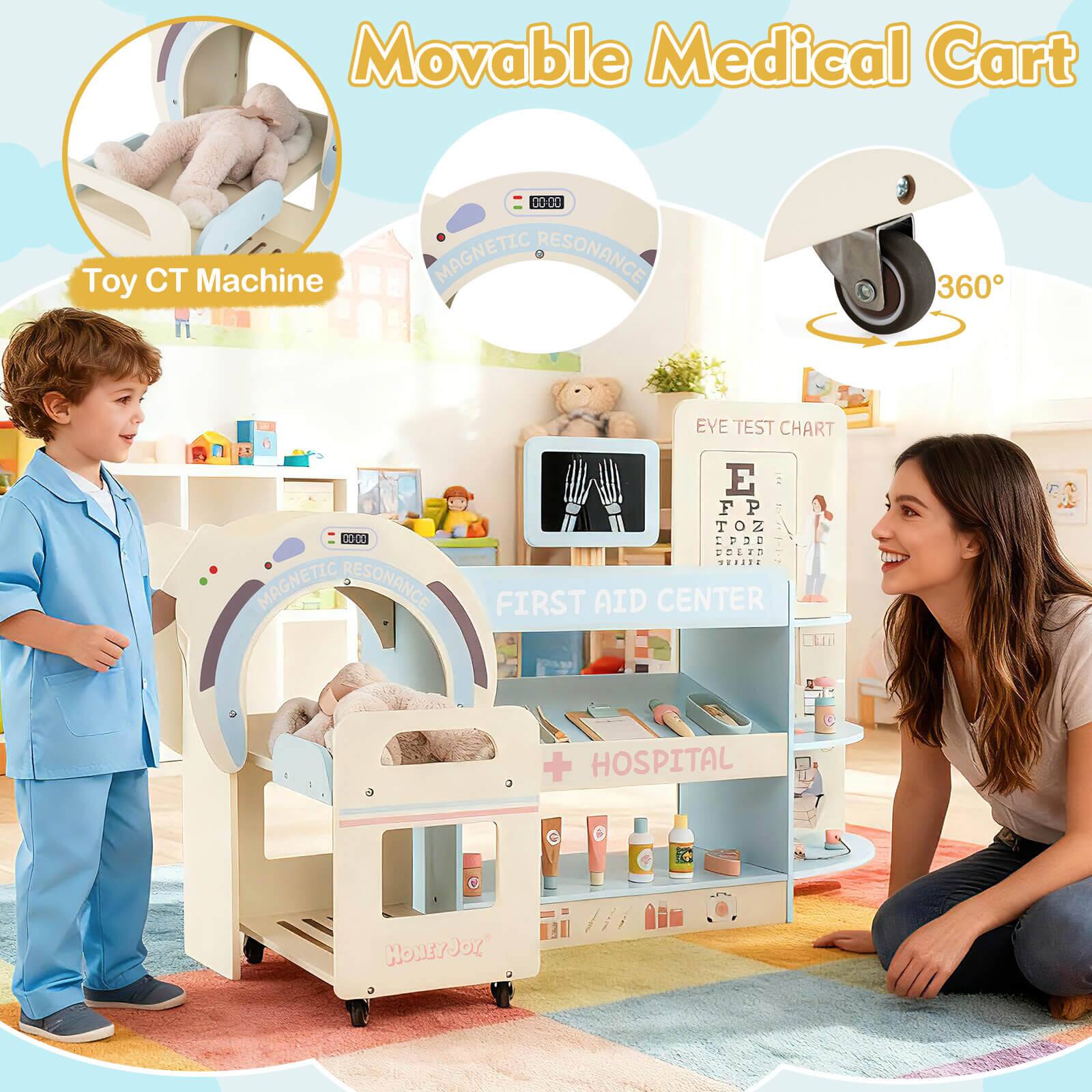 Movable Medical Cart  
Toy CT Machine  
MAGNETIC RESONANCE  
360  
EYE TEST CHART  
FIRST AID CENTER  
HOSPITAL  
HONEYJOY