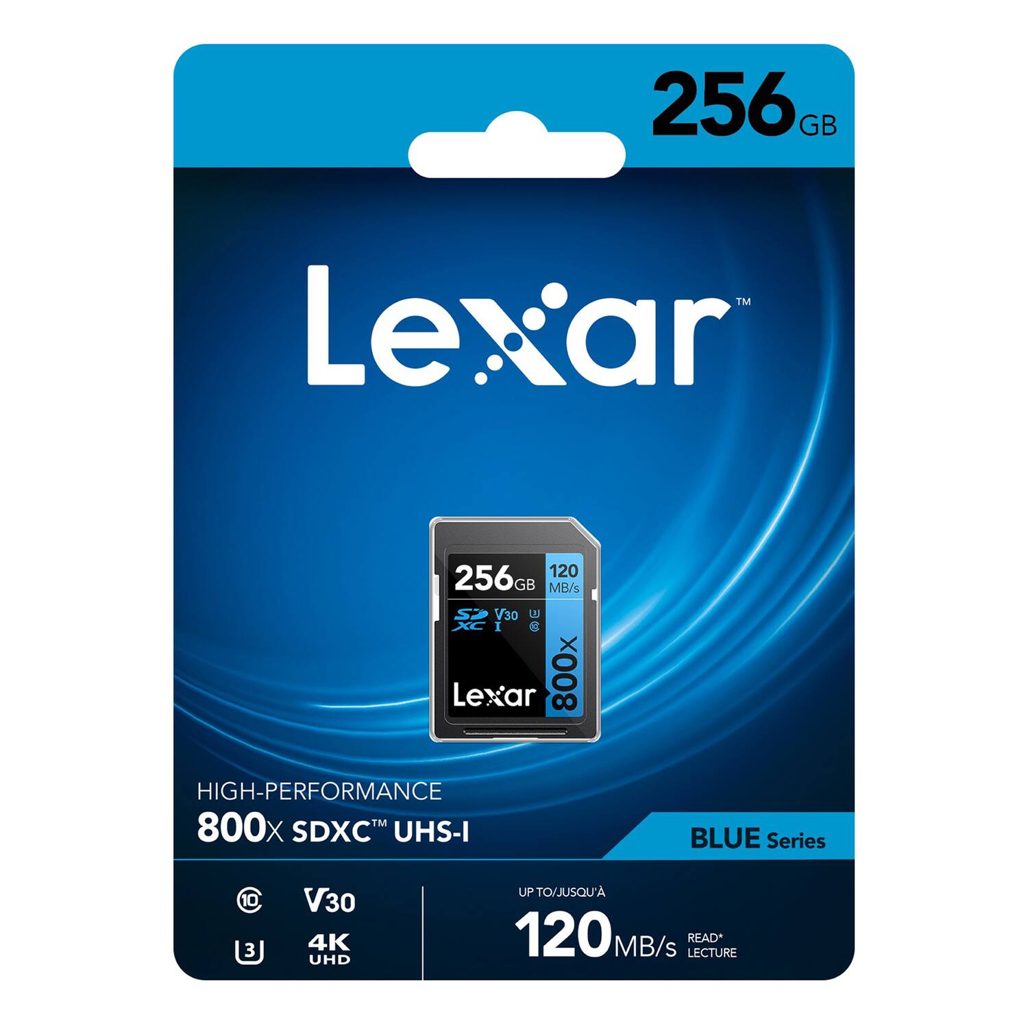 256 GB Lexar Le 256GB 120 GB MB/s V30 D XC I S Lexar 800x HIGH-PERFORMANCE 800x SDXC UHS-I BLUE Series CC 10 3 V30 4K UHD UP TO/JUSQU' 120 MB/s LECTURE READ*