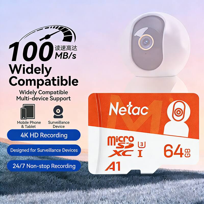 100 MB/s  
Widely Compatible  
Multi-device Support  
Netac  
Mobile Phone & Tablet  
Surveillance Device  
4K HD Recording  
Designed for Surveillance Devices  
24/7 Non-stop Recording  
64 GB  
Micro SDXC I  
A1
