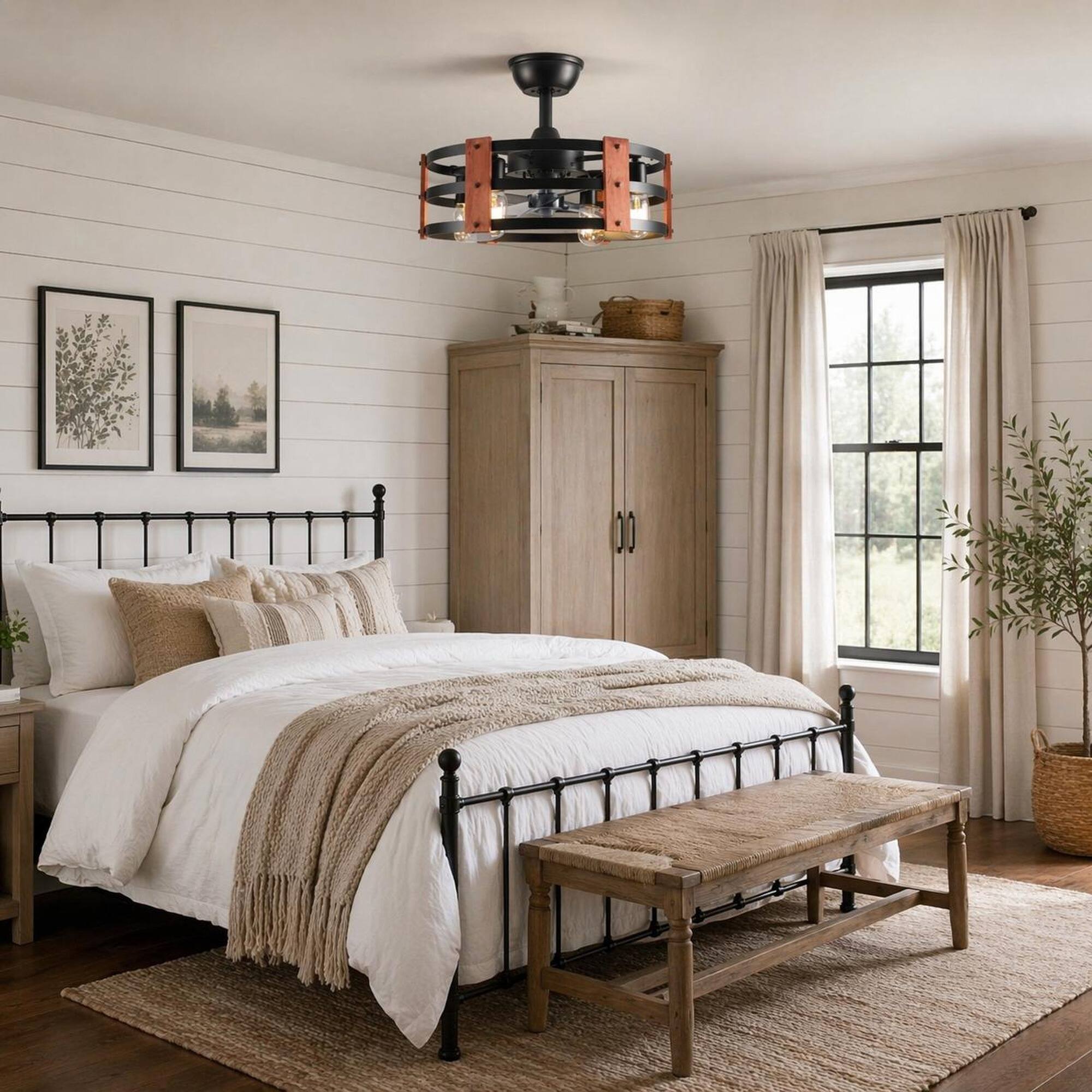 Back. RYHNUYNE - 19-Inch Black Ceiling Fan with Light and 4-Socket Chandelier, 3-Blade Reversible Motor, Adjustable Downrod.