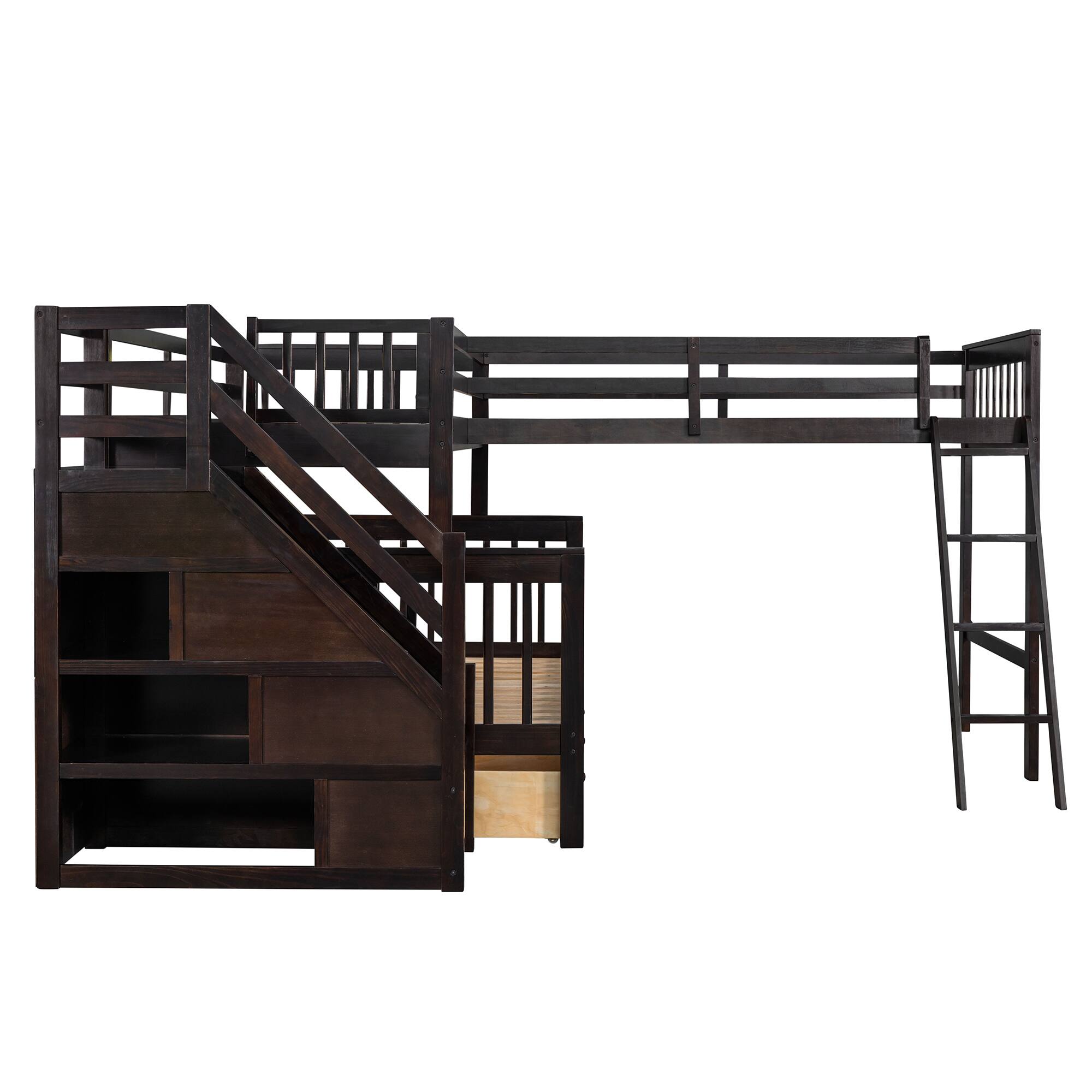 Alt View 2. Tiramisubest - Twin over Full L-Shaped Bunk Bed w/ 3 Drawers, Ladder & Staircase - Espresso: Max Space, Solid Build, Safe Design - Espresso.