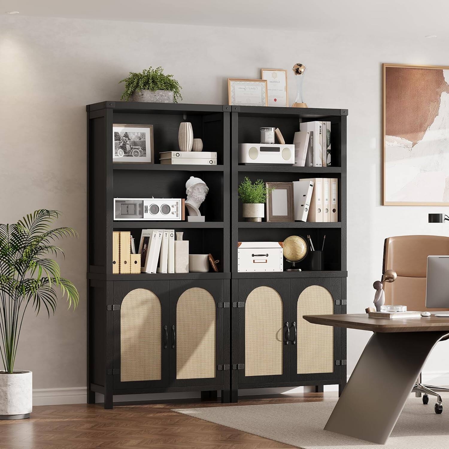 Alt View 1. GARVEE - 5-Tier Tall Bookshelf with Storage, Cabinet with Doors for Living Room/Home Office, Black Wood Finish, Modern Organizer - Black.
