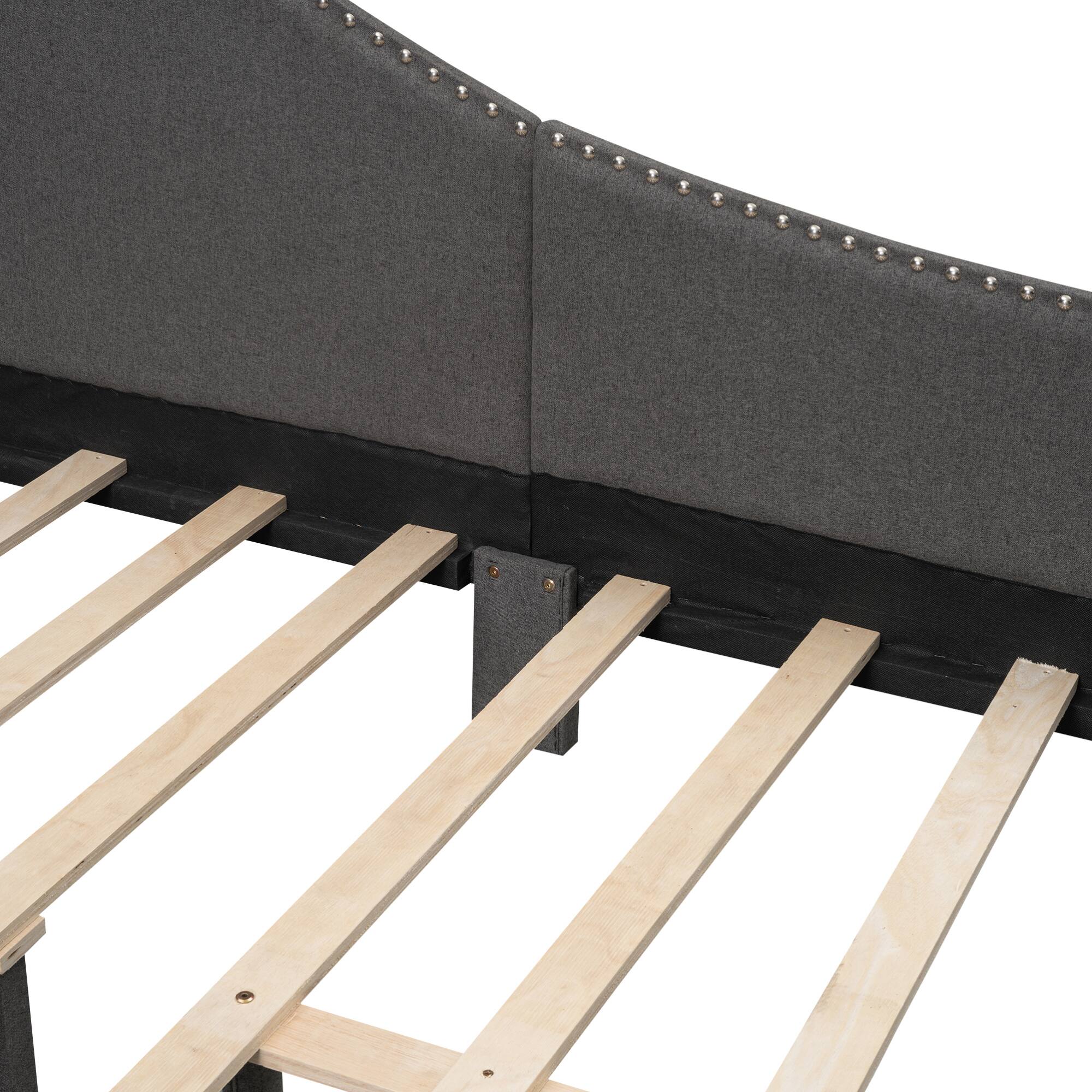 Alt View 6. GOODSILO - Full Size Upholstered Daybed with Headboard and Armrest, Support Legs - Grey.