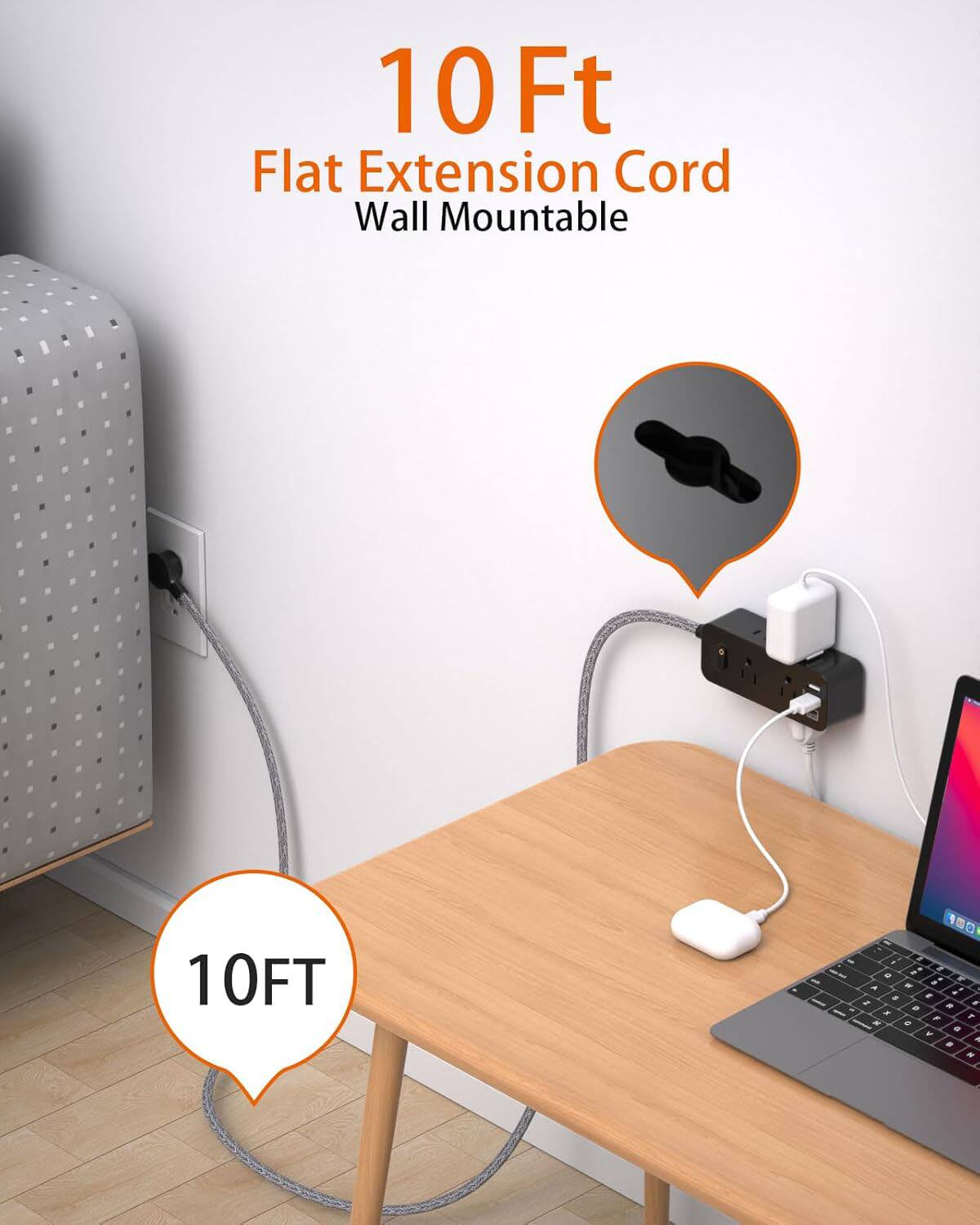 10 Ft Flat Extension Cord Wall Mountable 10FT