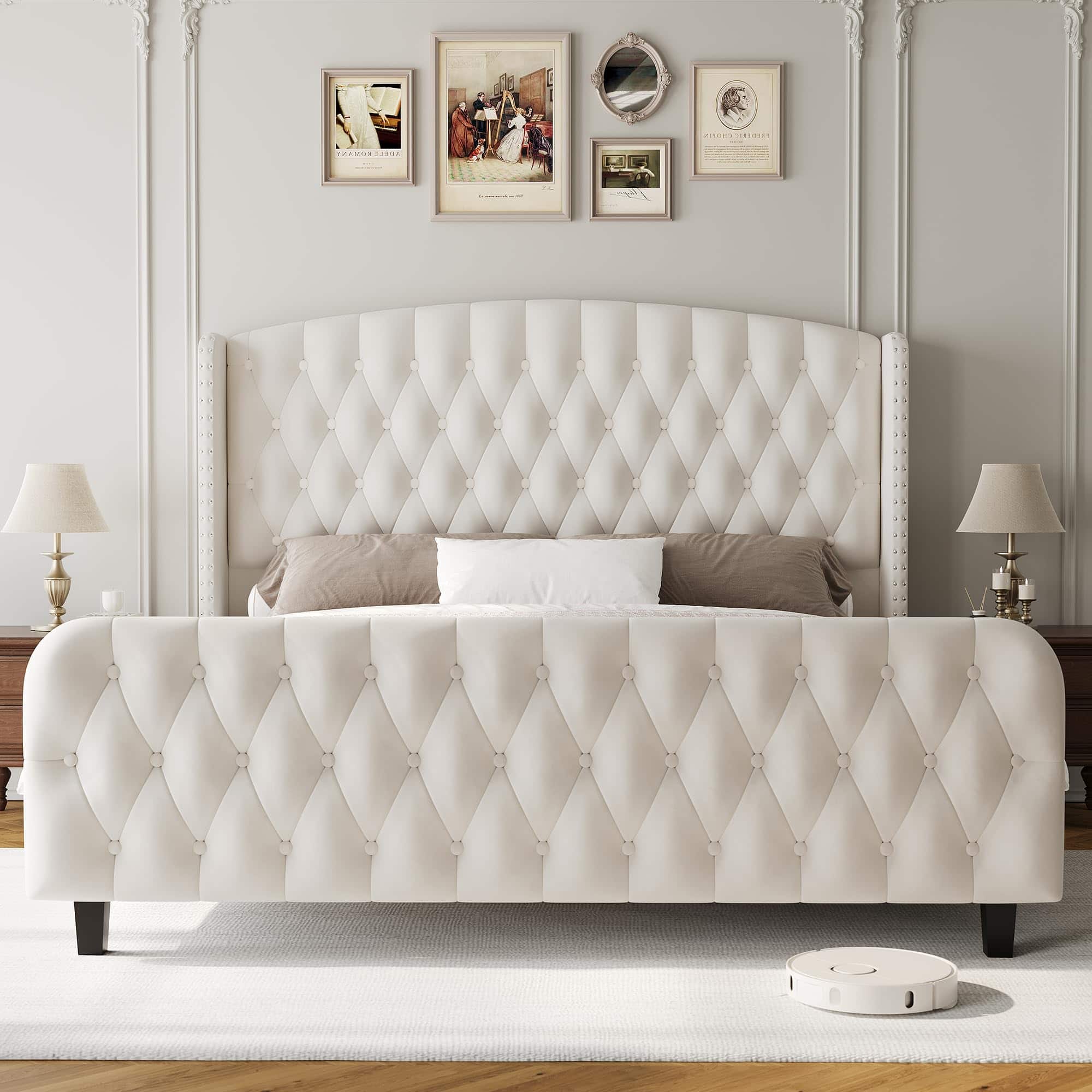 GARVEE - Bed Frame with Deep Button Tufted Wingback Headboard and Footboard, Velvet Upholstered Platform Bed Frame - Cream