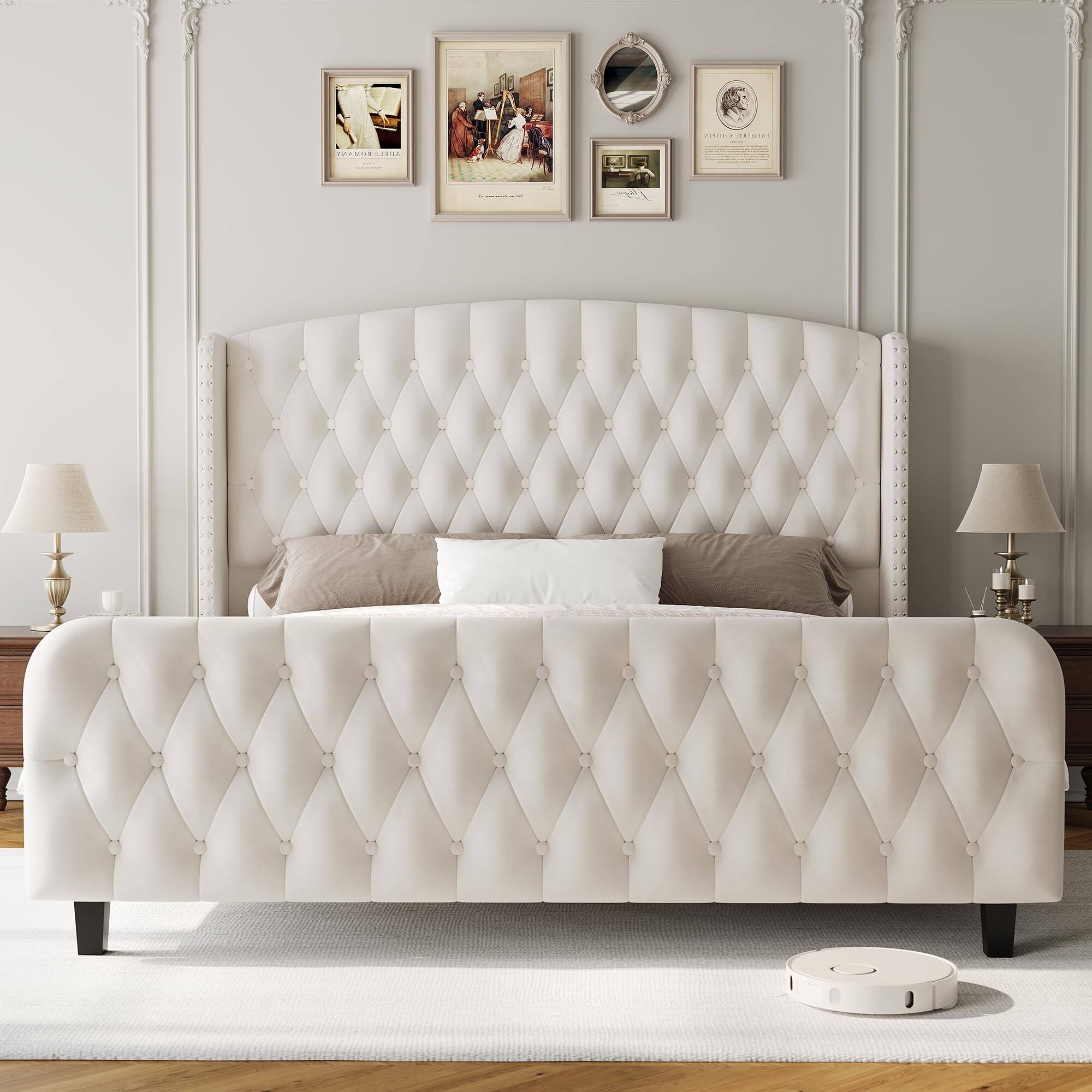 GARVEE - Bed Frame with Deep Button Tufted Wingback Headboard and Footboard, Velvet Upholstered Platform Bed Frame - Cream