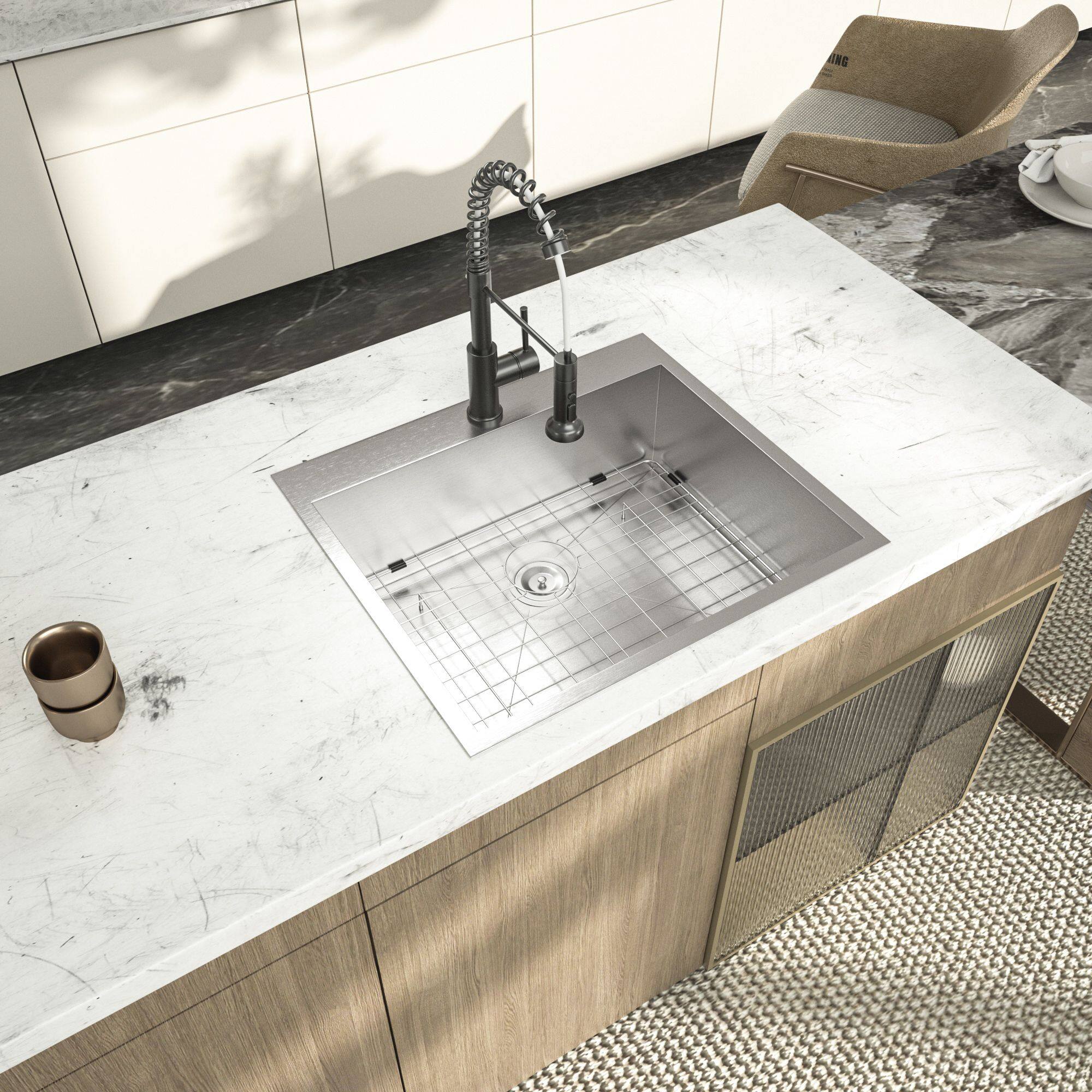 Angle. Lordear - 25"x22"x9" Topmount Sinks 16 Gauge Single Bowl Stainless Steel Kitchen Sink - Stainless steel.