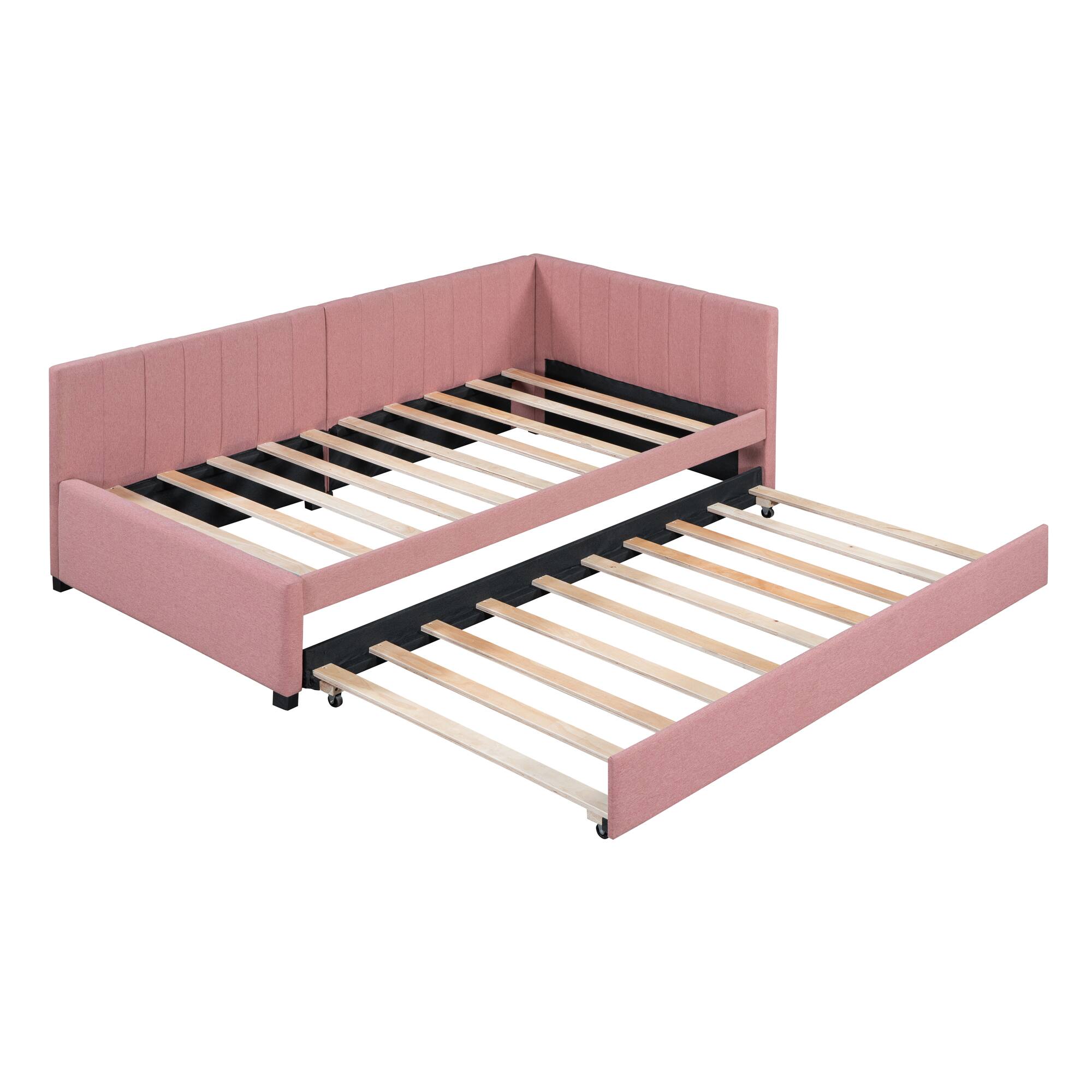 Alt View 5. Tiramisubest - Upholstered Daybed with Trundle Twin Size Sofa Bed Frame No Box Spring Needed, Linen Fabric(Pink) - Pink.
