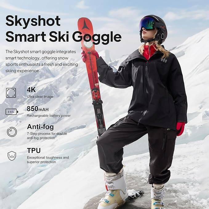 Skyshot Smart Ski Goggle

The Skyshot smart goggle integrates smart technology, offering snow sports enthusiasts a fresh and exciting skiing experience.

- 4K Ultra clear Image
- 850mAh Rechargeable battery power
- Anti-fog 7-Step process for double anti-fog protection
- TPU Exceptional toughness and superior protection